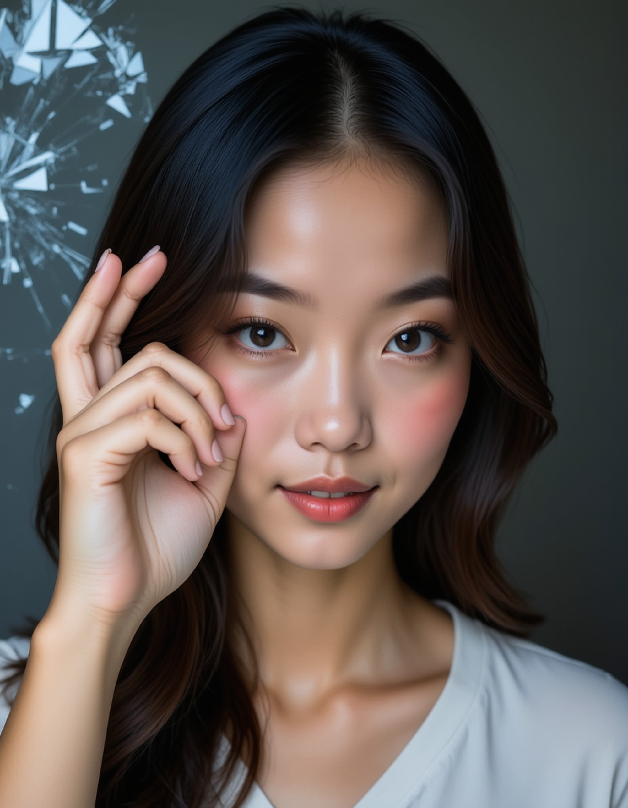 model with shocked expression covering one eye, cracked mirror shattered glass background effect