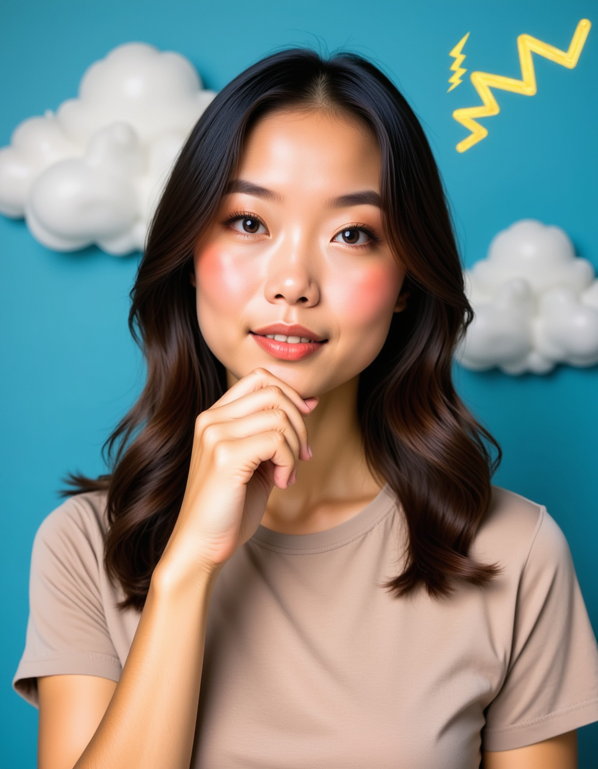 model with exaggerated thinking pose scratching chin, thought bubble clouds background with lightning bolts
