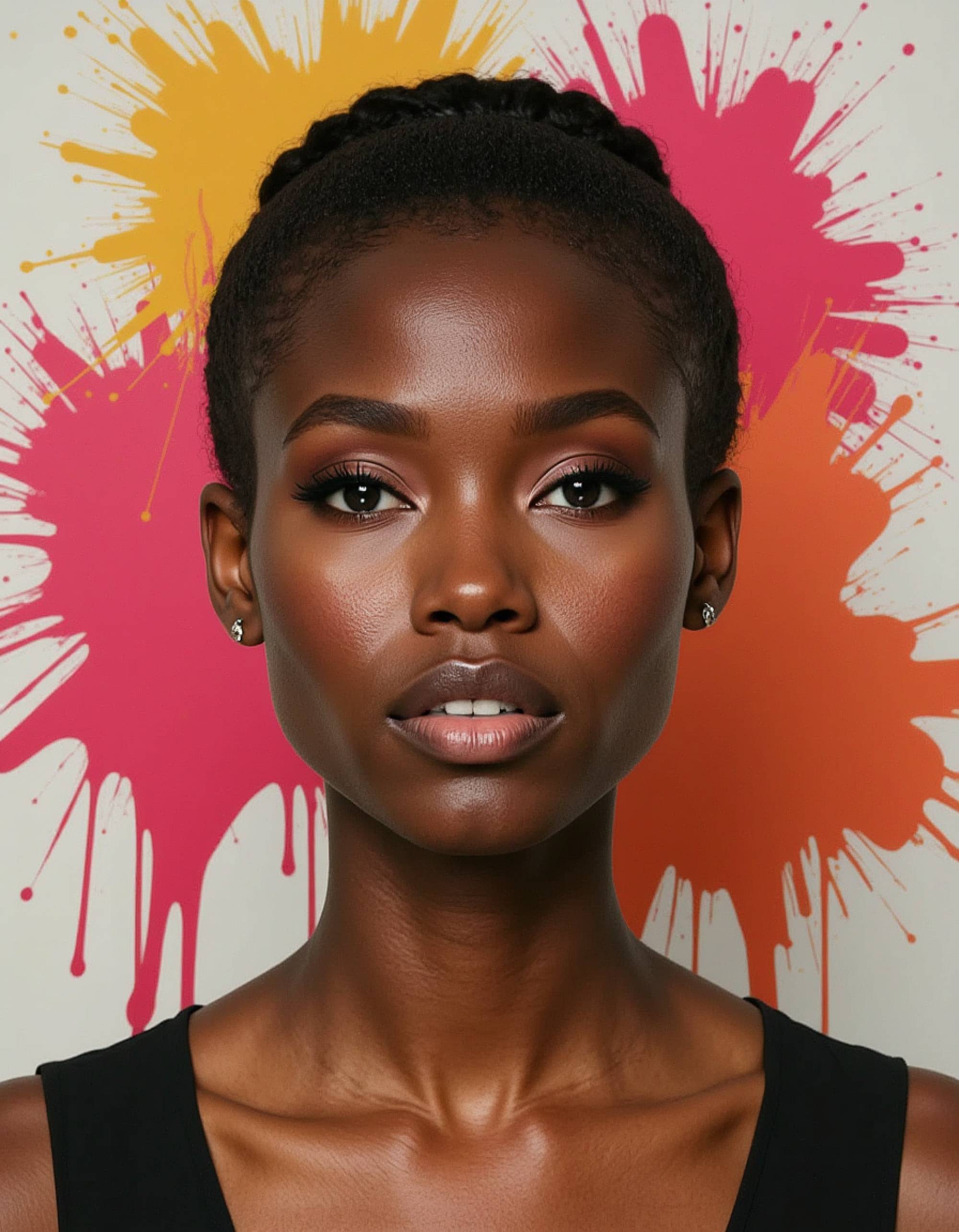 model with exaggerated crying face wiping eyes, melting colorful paint drip background with artistic splashes