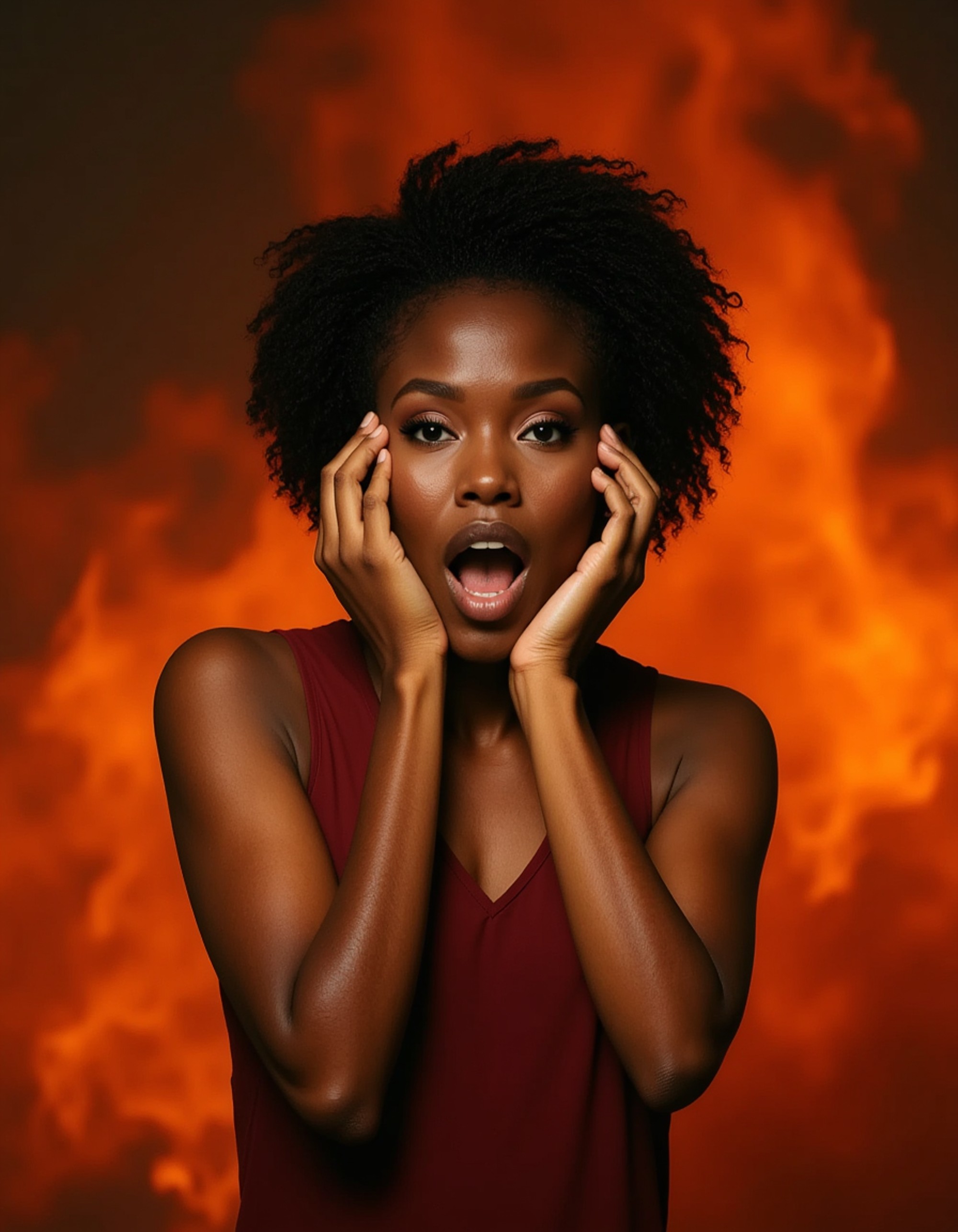 model making dramatic gasping gesture with both hands, fiery flames background with orange and red gradients
