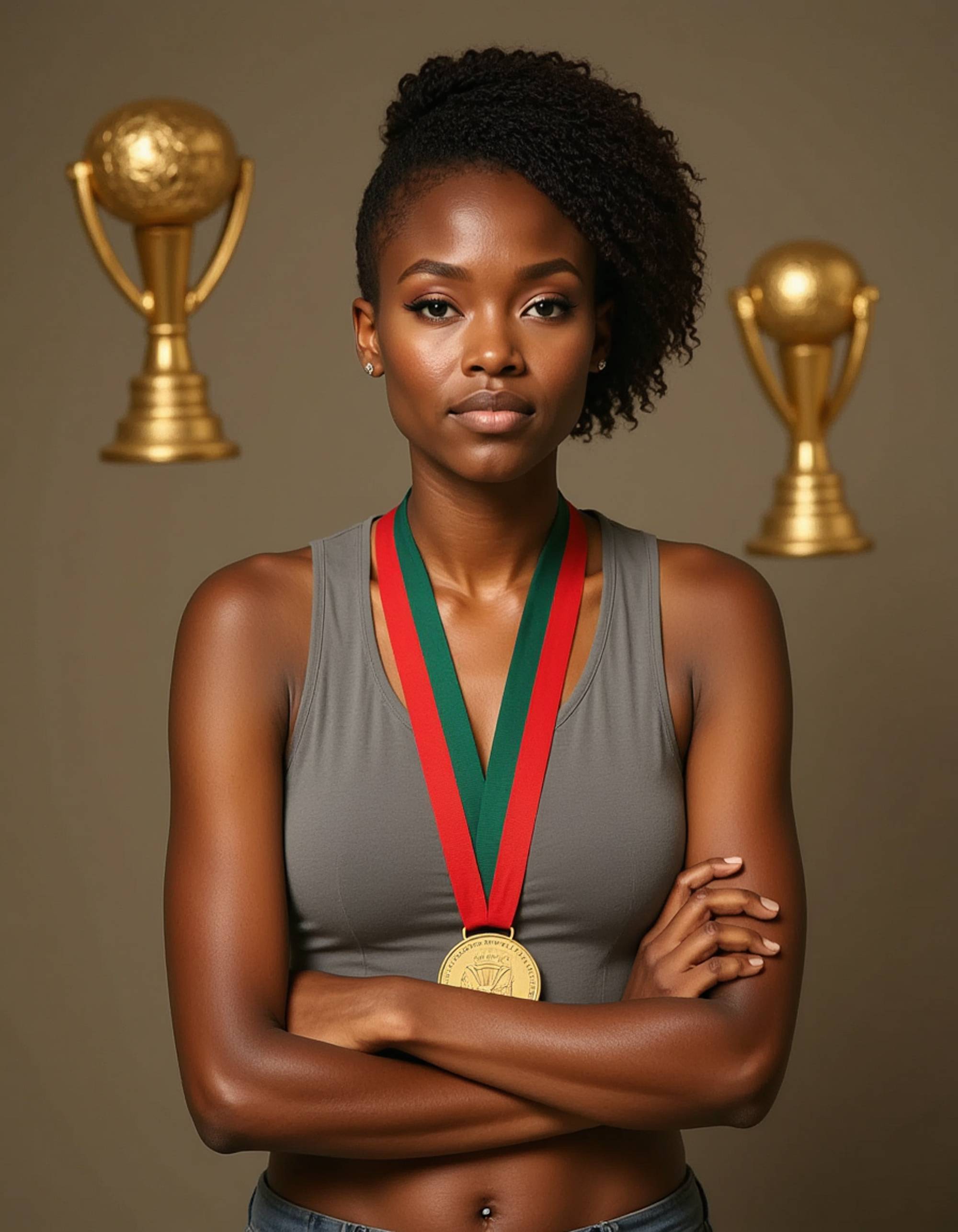 exaggerated smug model with arms crossed smirking, golden trophy and winner medals floating background