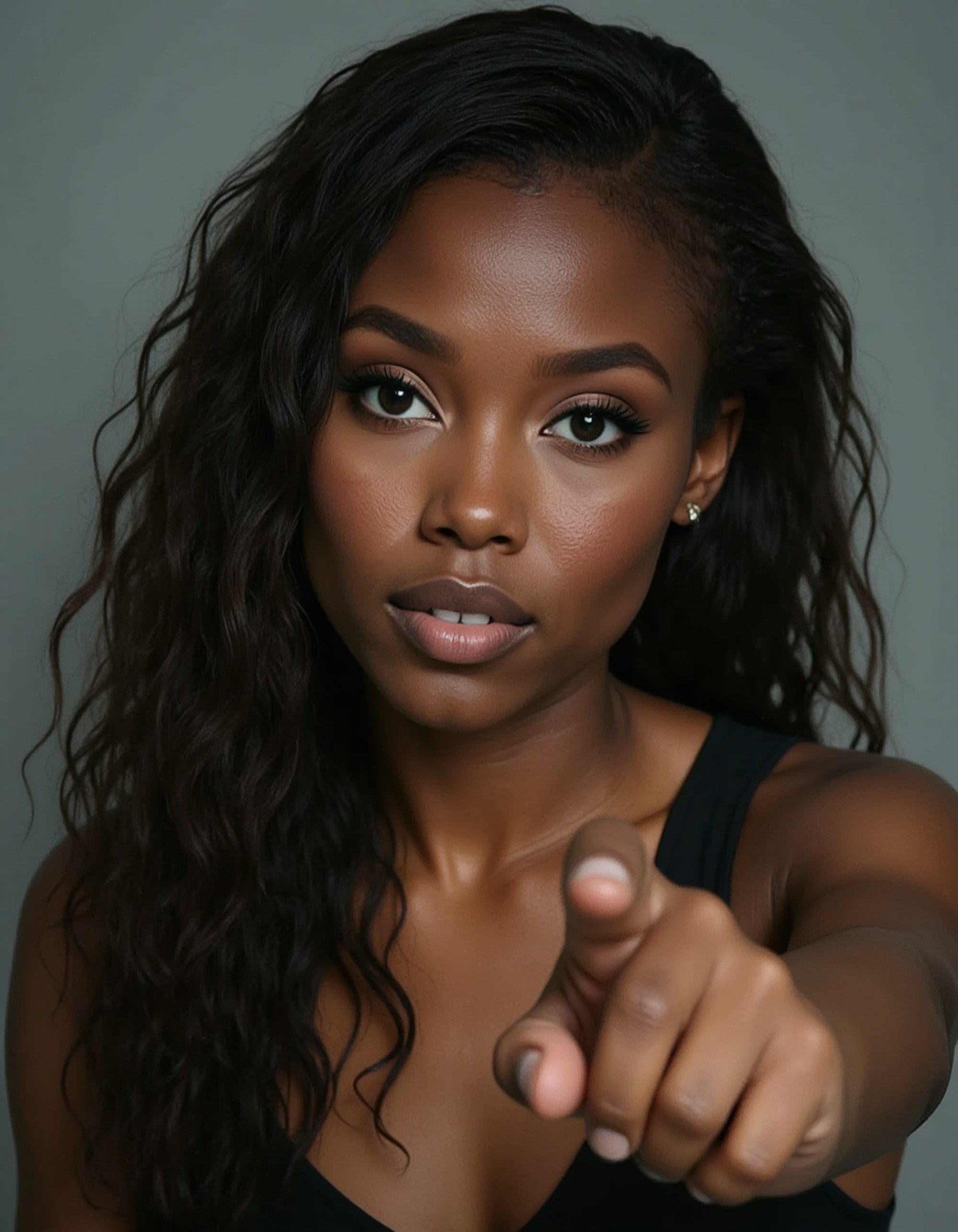 model with shocked wide-eyed expression pointing, glitchy digital error background with pixelated effects