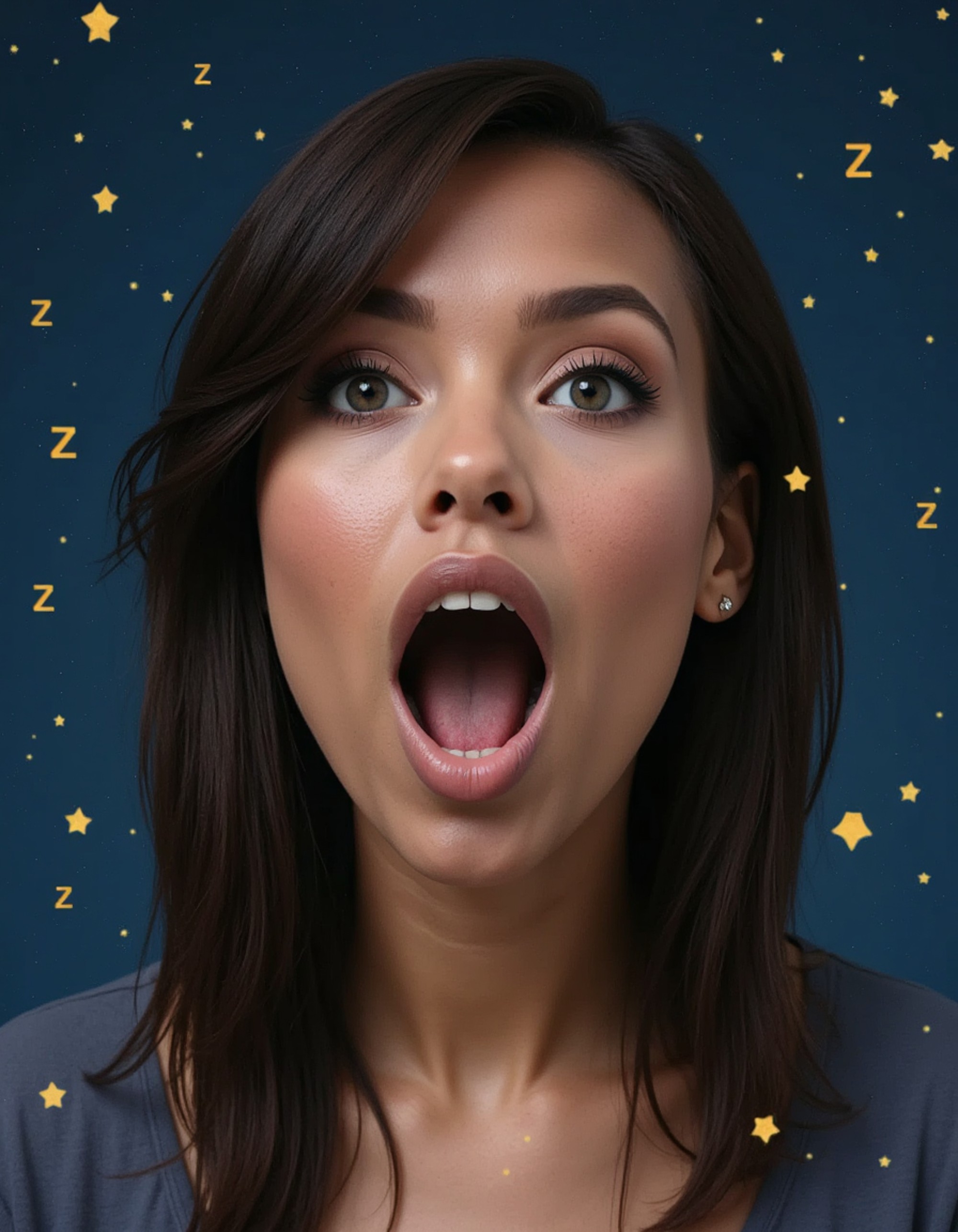 model with exaggerated sleepy yawning face, dreamy starry night sky background with floating zzz symbols