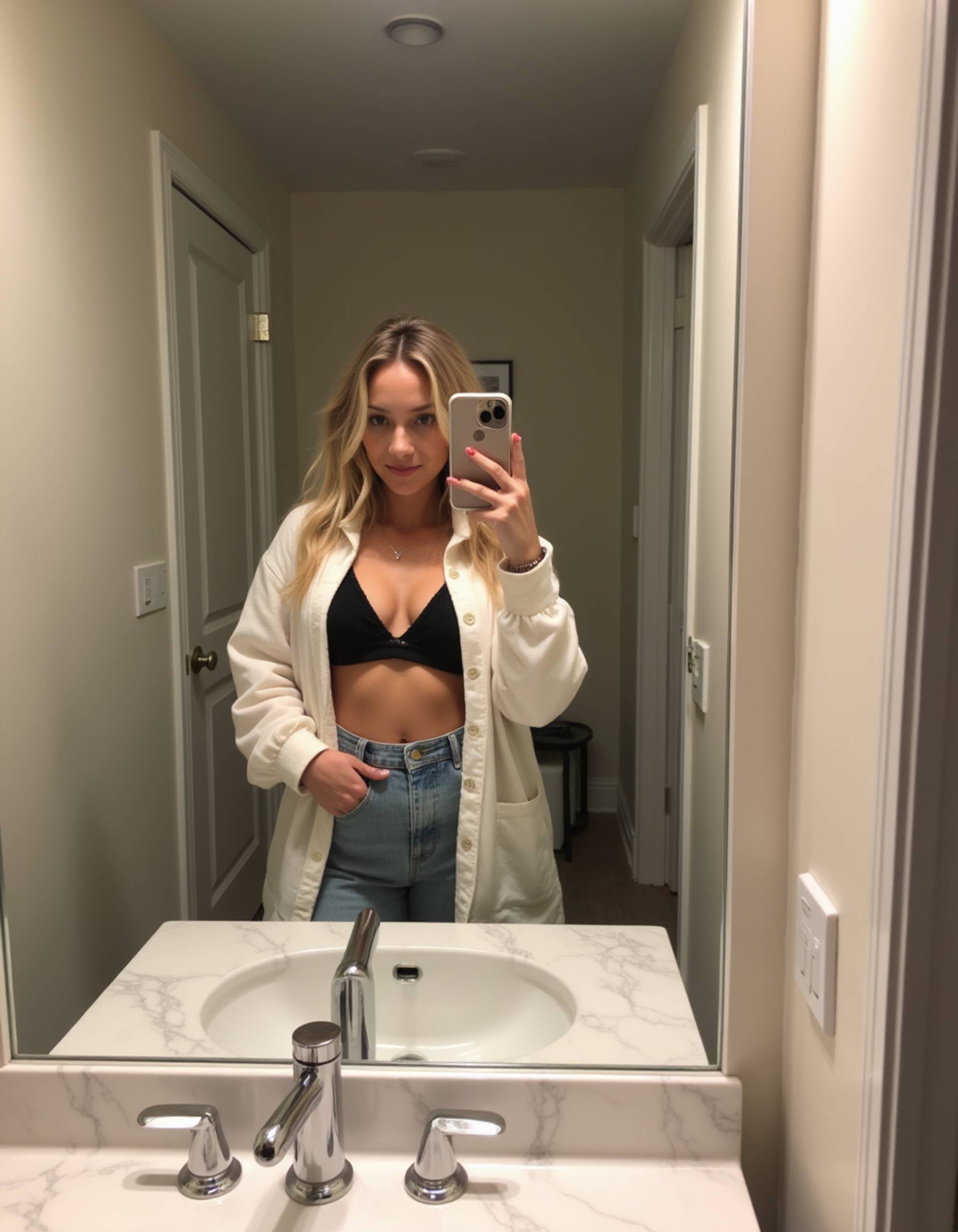 model taking a selfie with a sleek smartphone in a modern bathroom mirror, marble countertops and soft lighting reflected