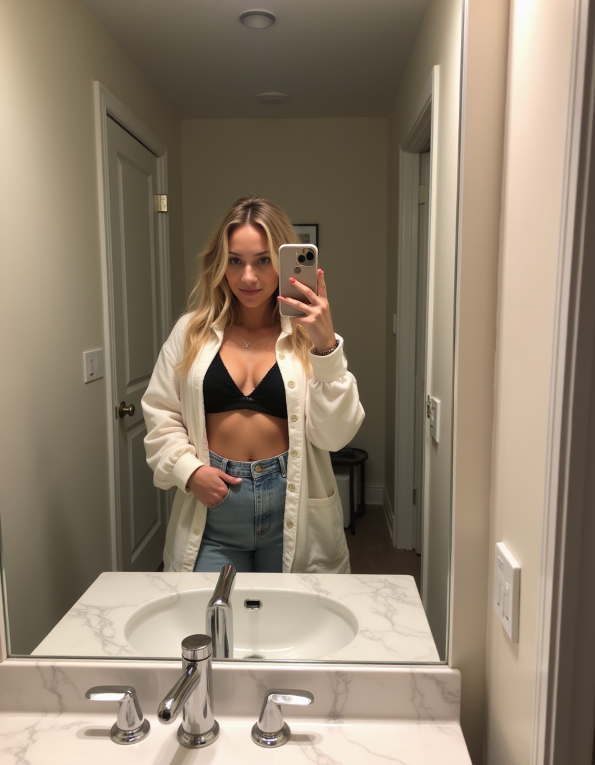 model taking a selfie with a sleek smartphone in a modern bathroom mirror, marble countertops and soft lighting reflected