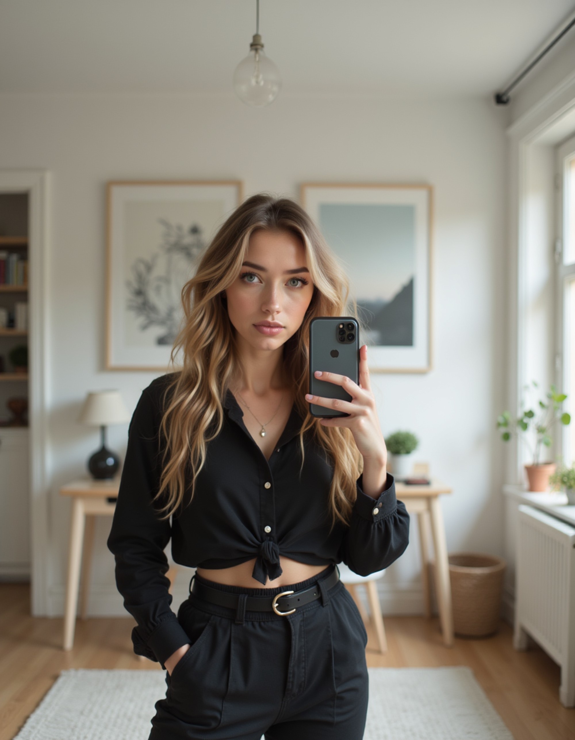 model posing with a high-tech phone for a selfie in a minimalist home office mirror, sleek desk and bookshelves reflected
