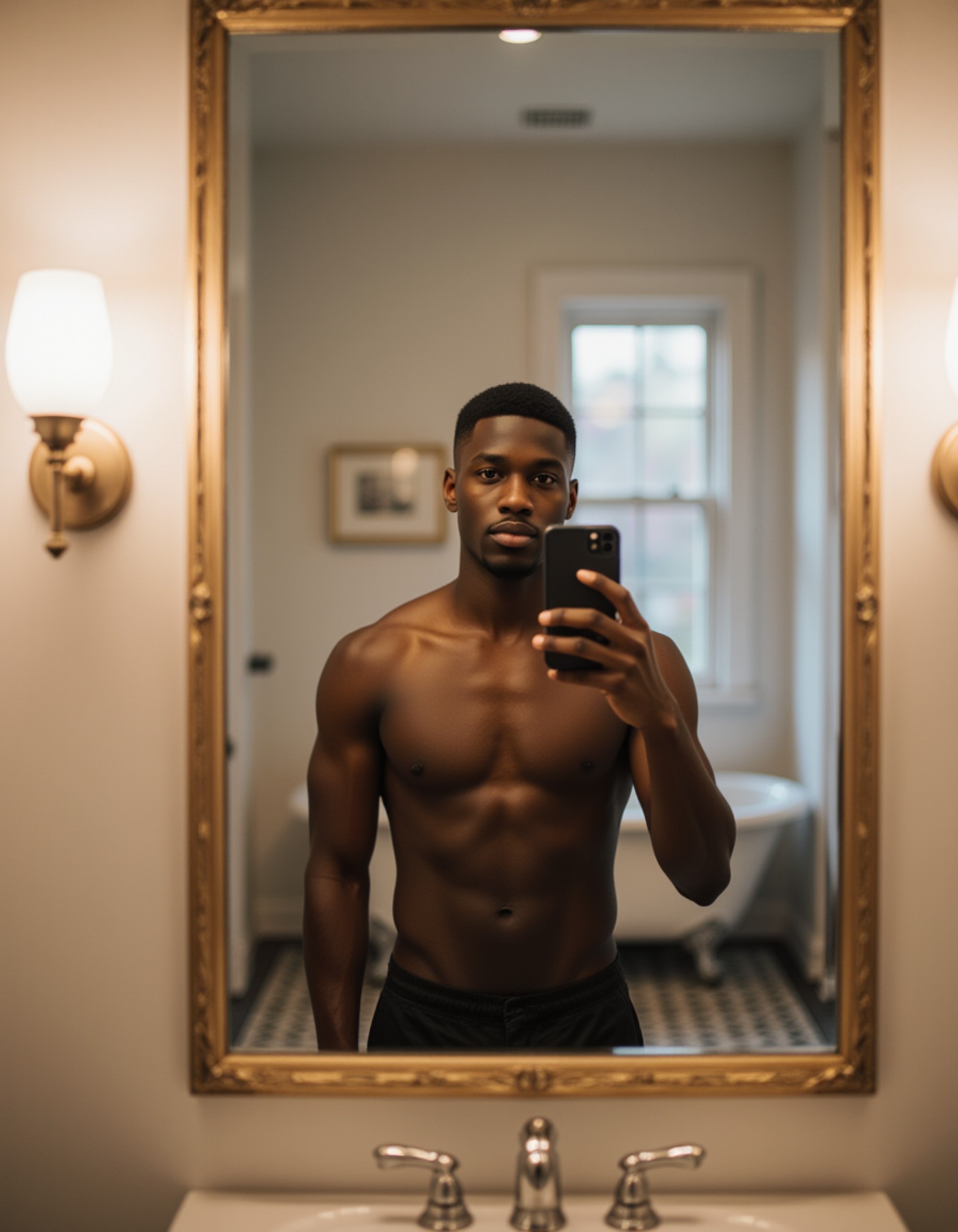model taking a selfie with a sleek smartphone in a vintage bathroom mirror, clawfoot tub and patterned tiles reflected