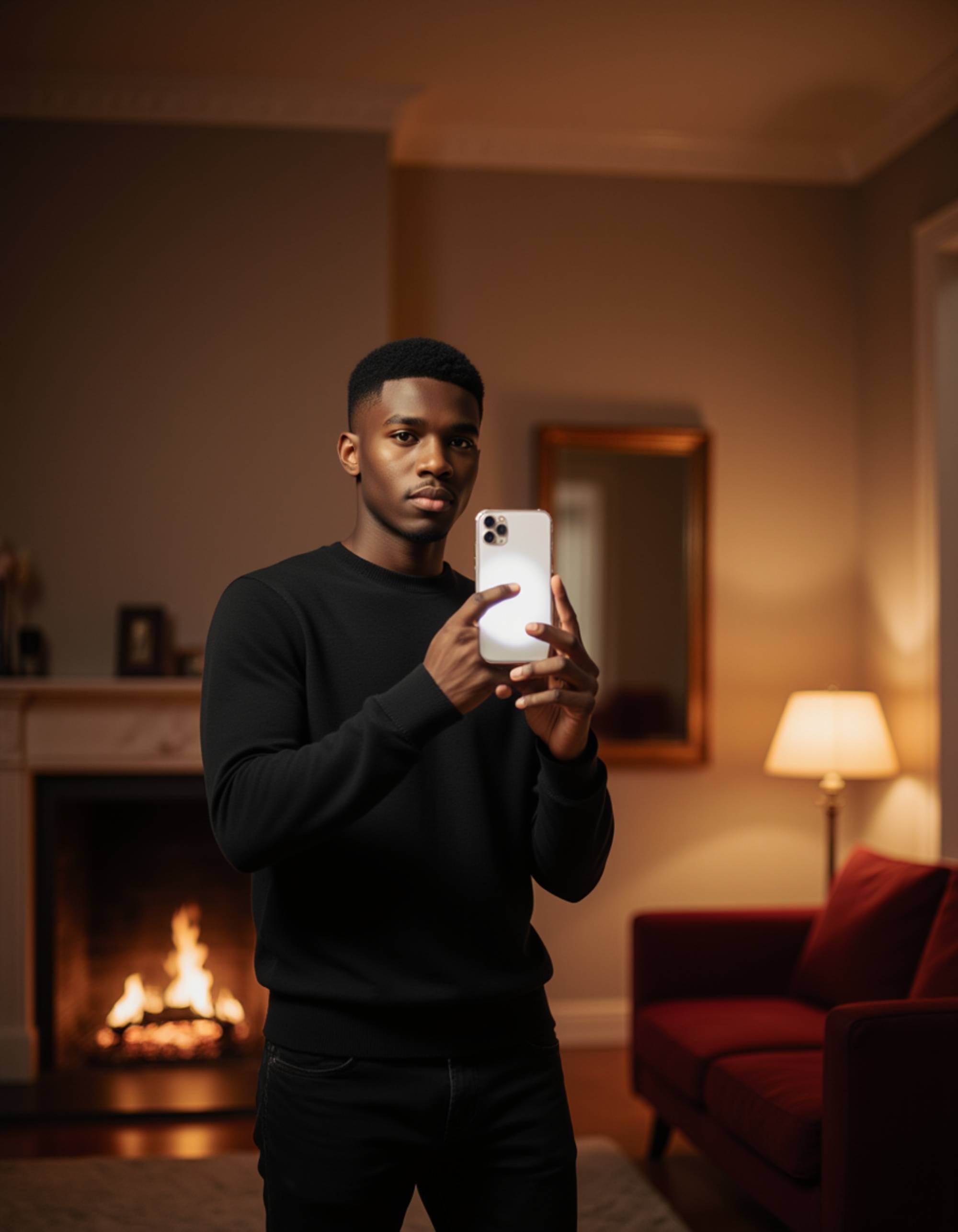 model snapping a selfie with a glowing phone in a cozy living room mirror, fireplace and plush sofa reflected