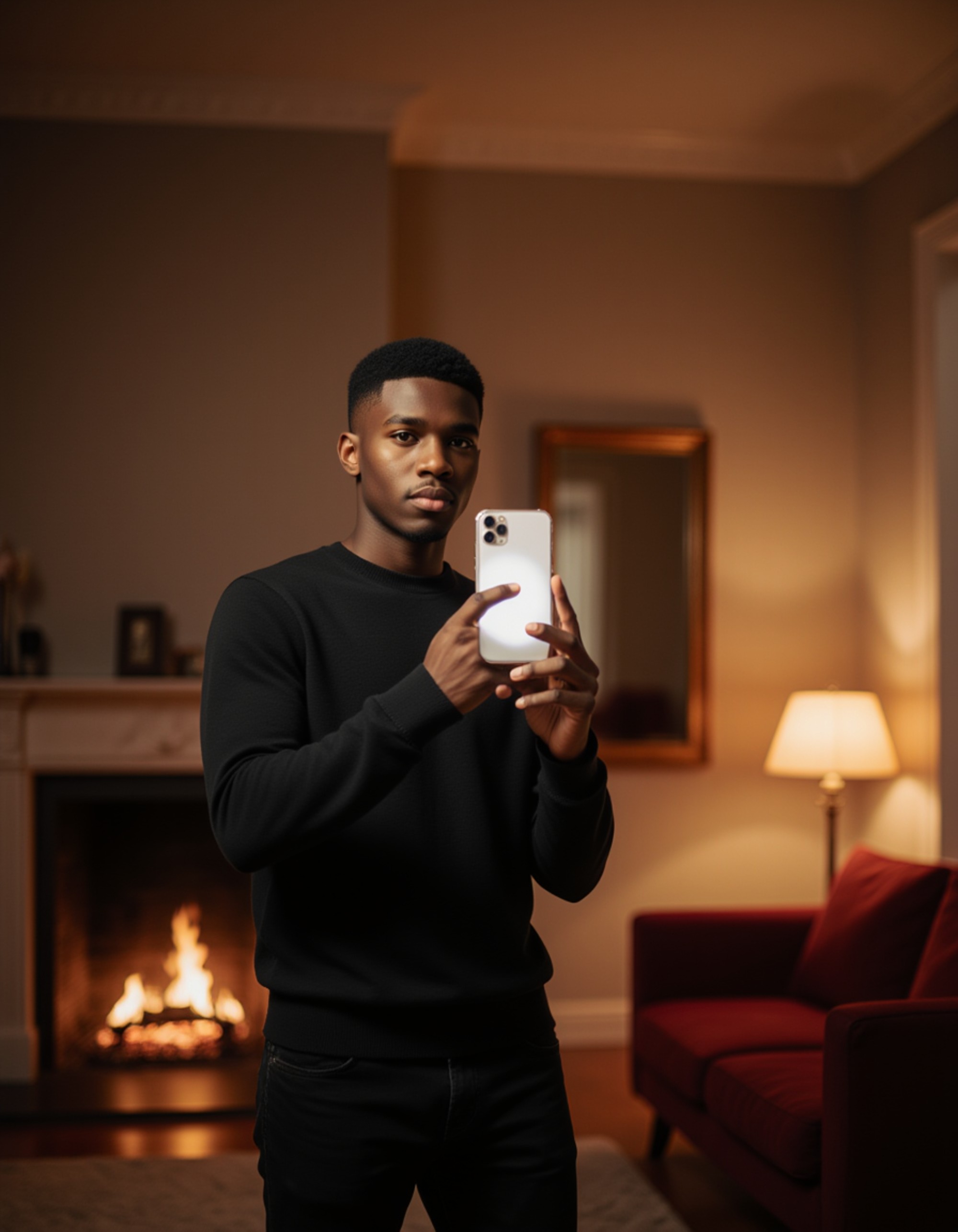 model snapping a selfie with a glowing phone in a cozy living room mirror, fireplace and plush sofa reflected