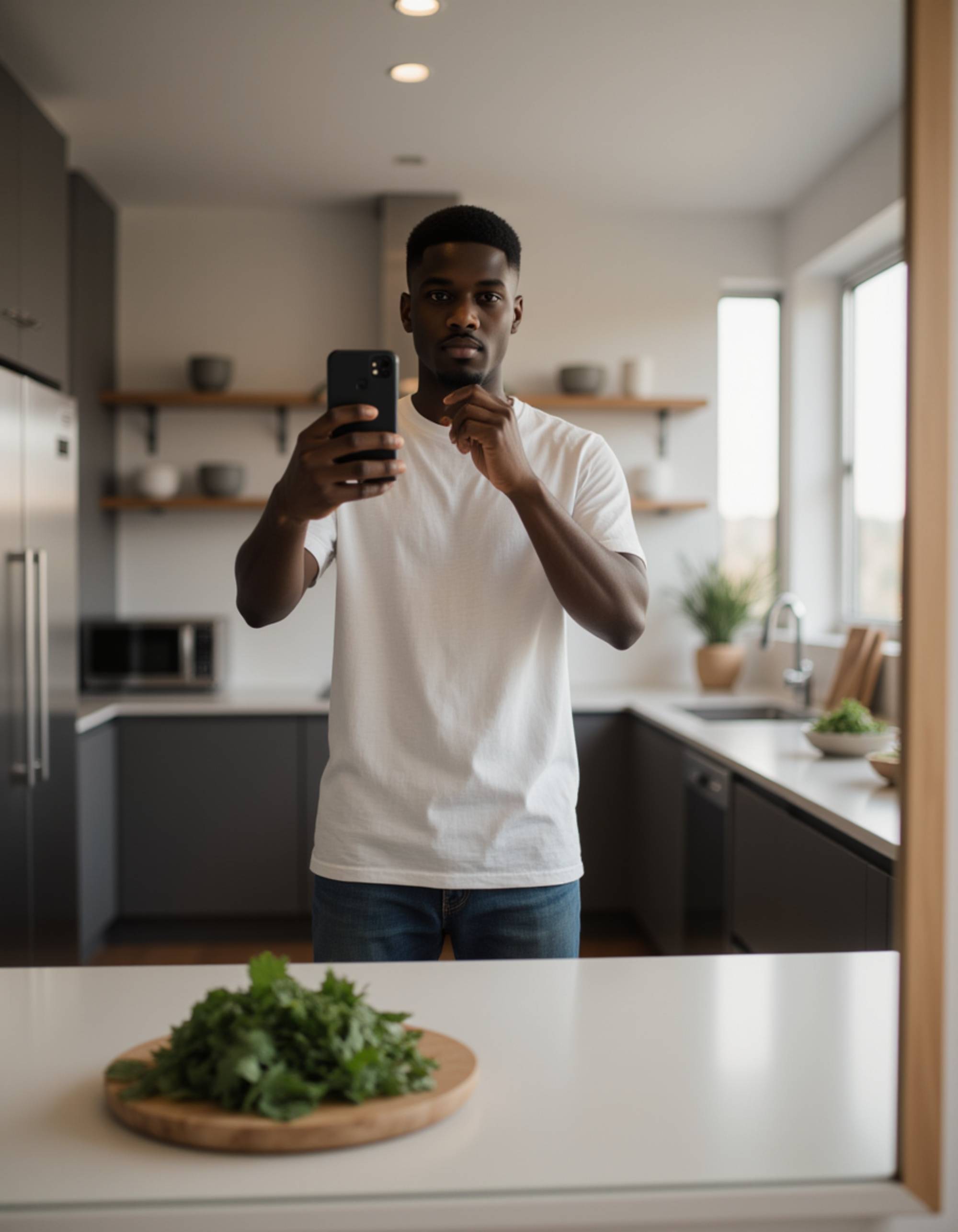 model holding a stylish phone for a selfie in a modern kitchen mirror, stainless steel appliances and fresh herbs reflected