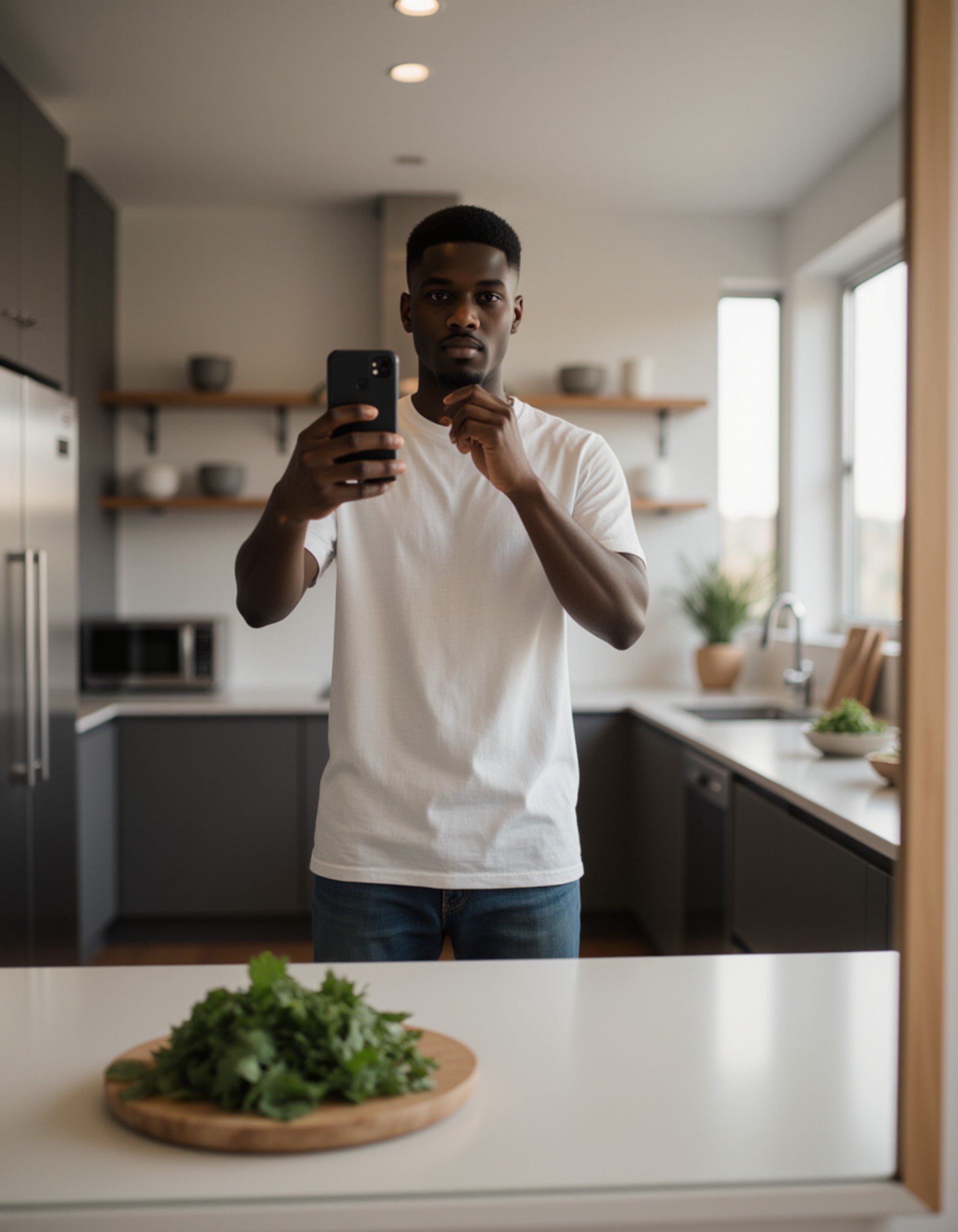 model holding a stylish phone for a selfie in a modern kitchen mirror, stainless steel appliances and fresh herbs reflected