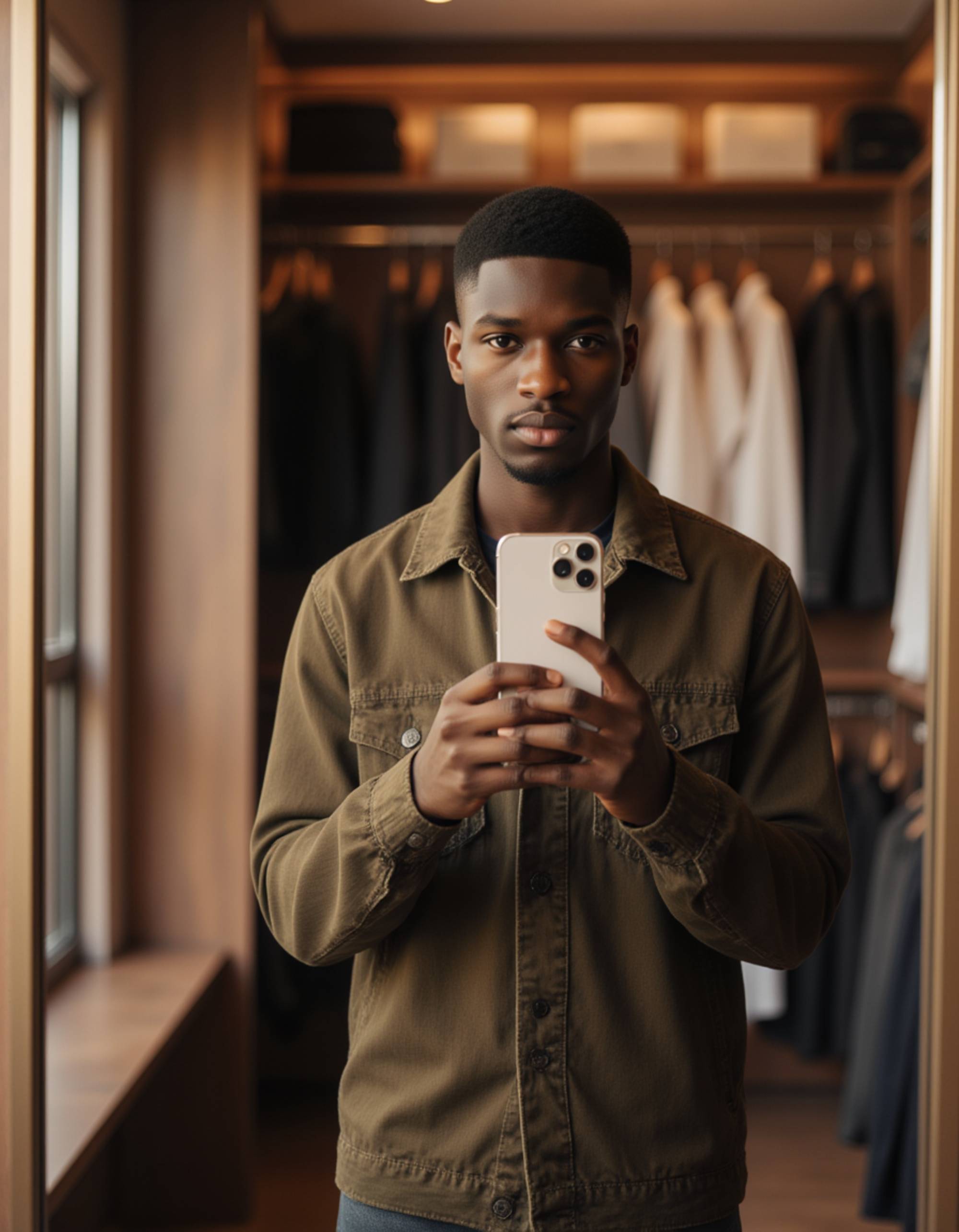 model capturing a selfie with a shiny smartphone in a glamorous walk-in closet mirror, designer clothes and shelves reflected