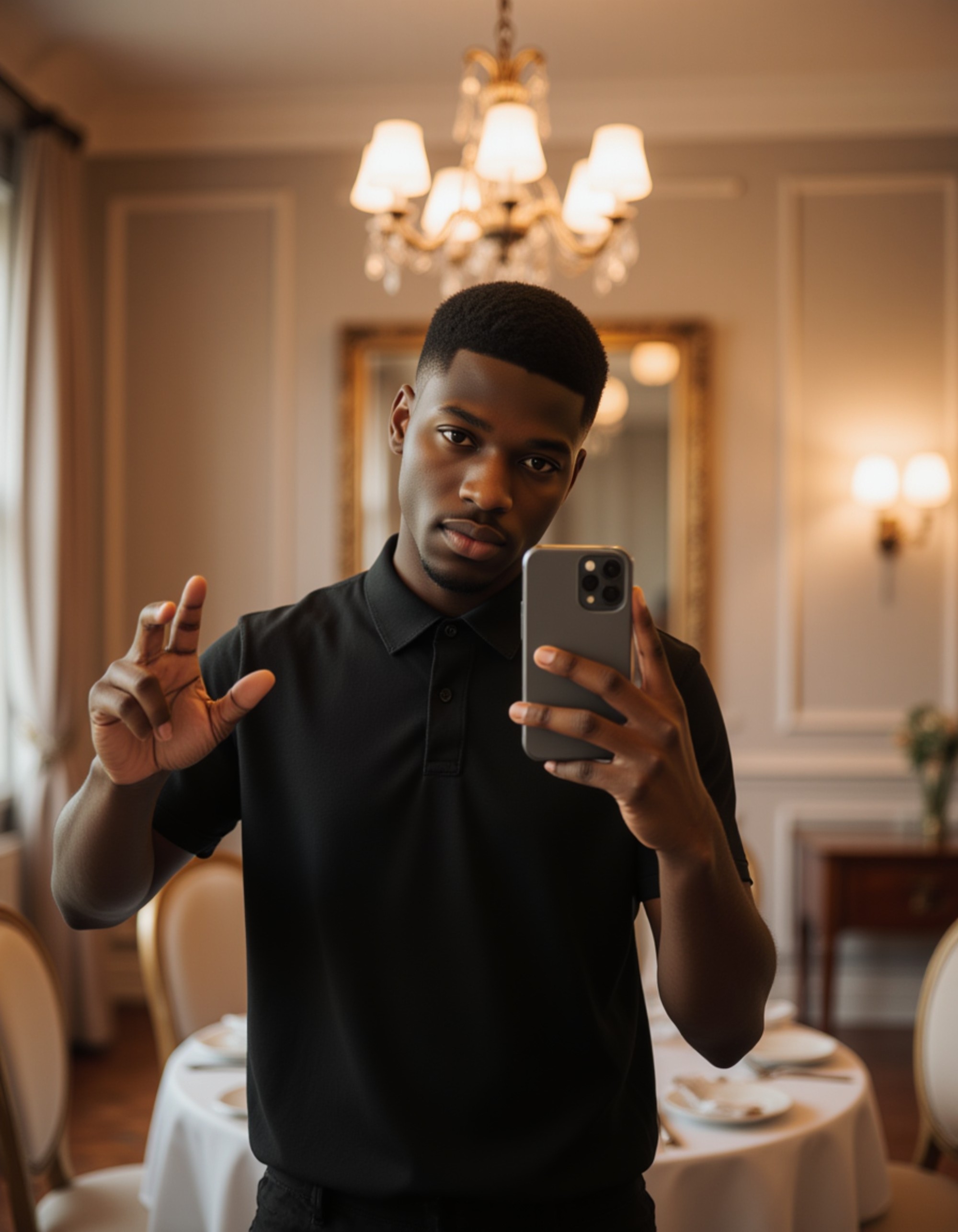 model posing with a high-tech phone for a selfie in an elegant dining room mirror, chandelier and set table reflected