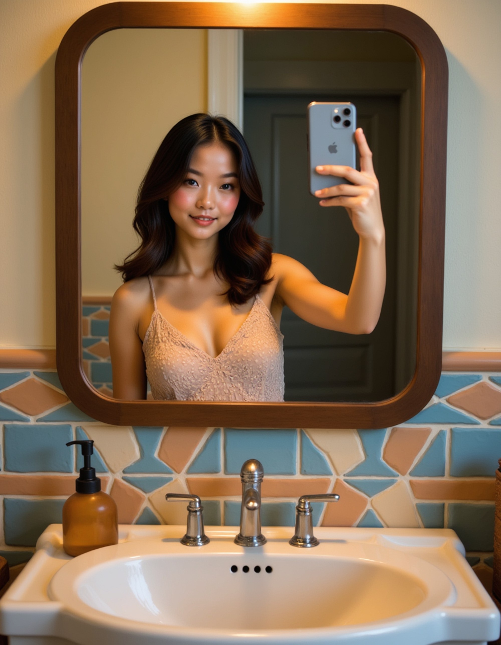 model taking a selfie with a sleek smartphone in a retro bathroom mirror, colorful mosaic tiles and vintage sink reflected