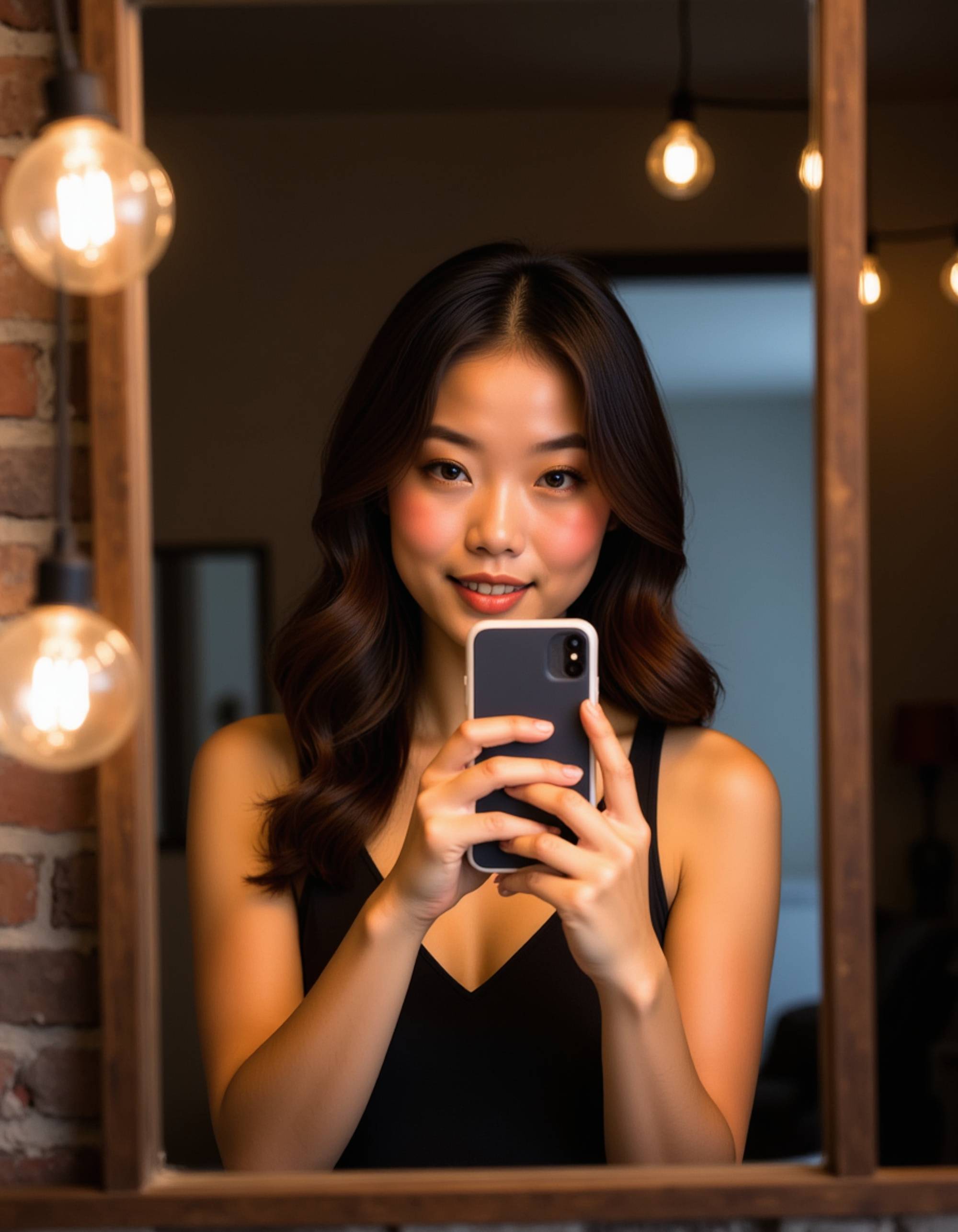 model snapping a selfie with a glowing phone in a modern loft mirror, exposed brick walls and string lights reflected