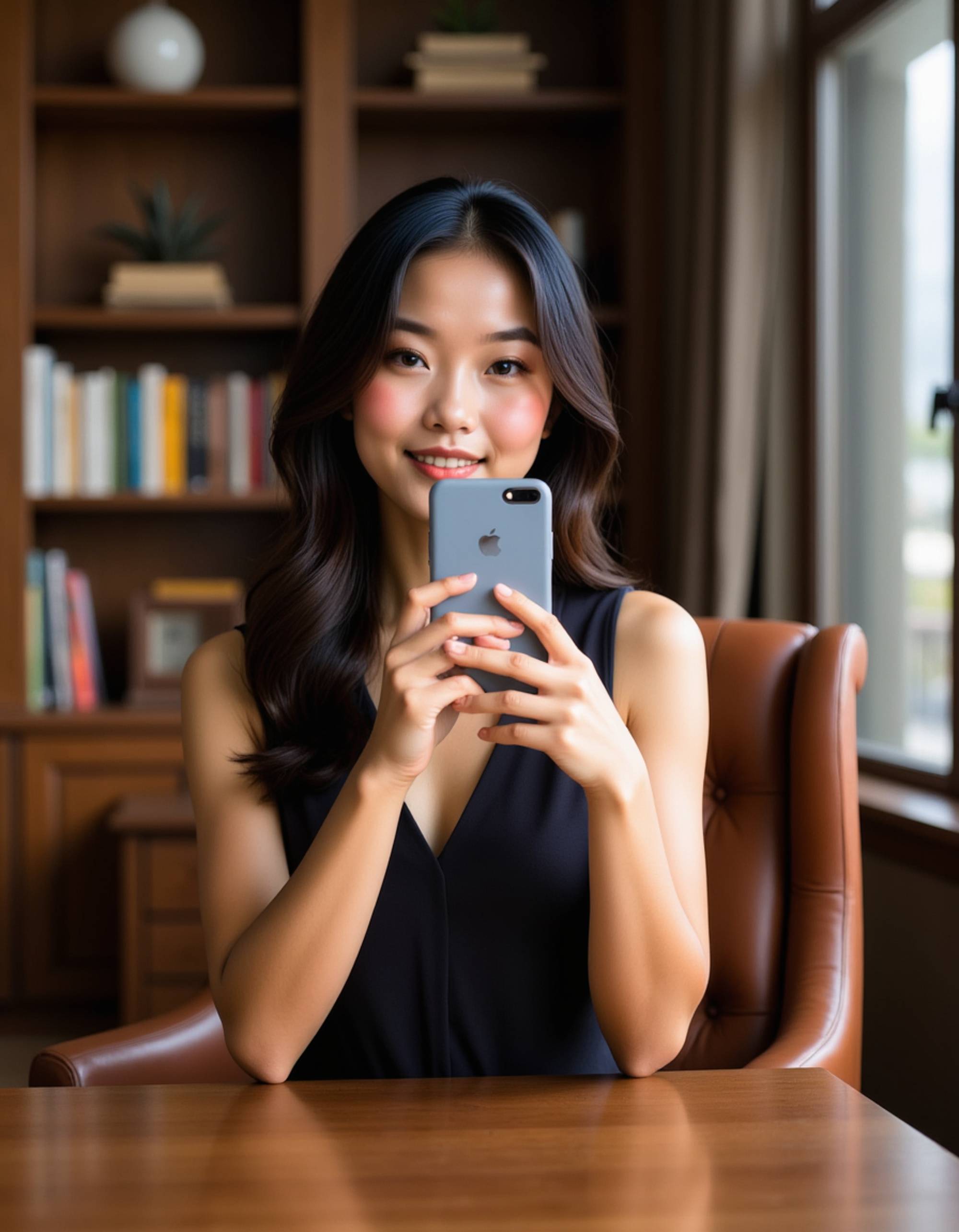 model holding a stylish phone for a selfie in a cozy study mirror, wooden bookshelves and a leather chair reflected