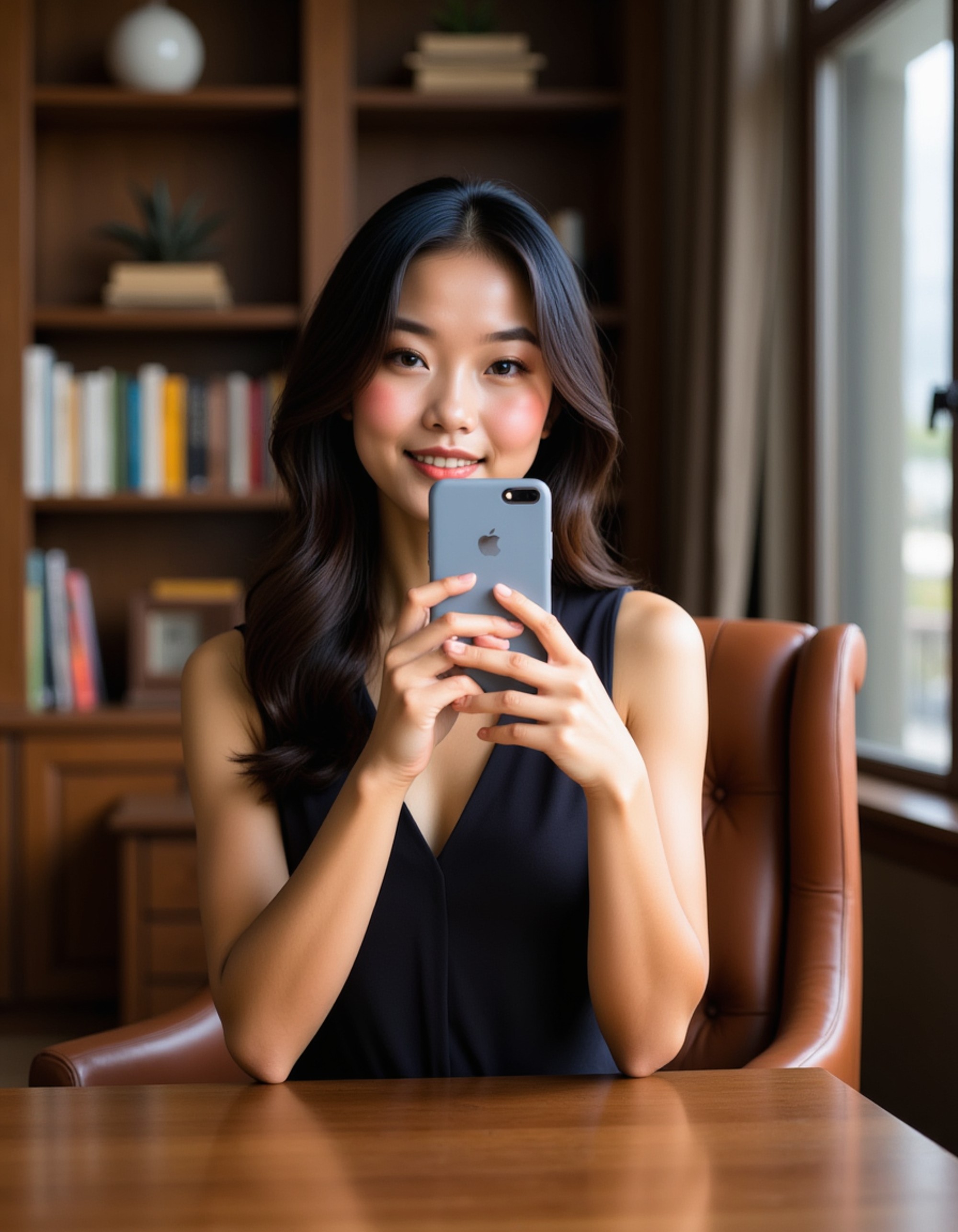 model holding a stylish phone for a selfie in a cozy study mirror, wooden bookshelves and a leather chair reflected