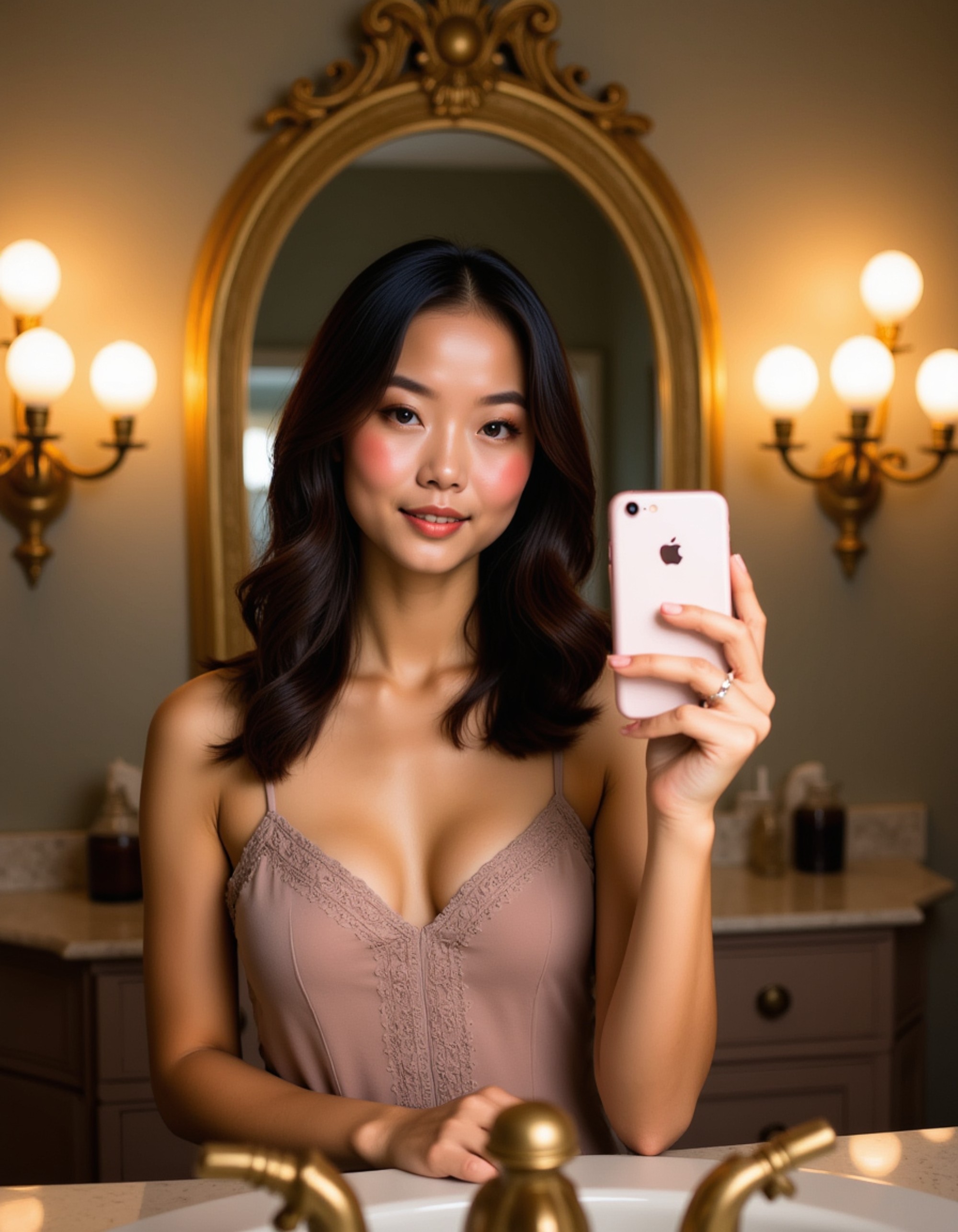 model capturing a selfie with a shiny smartphone in a lavish powder room mirror, ornate wallpaper and crystal sconces reflected