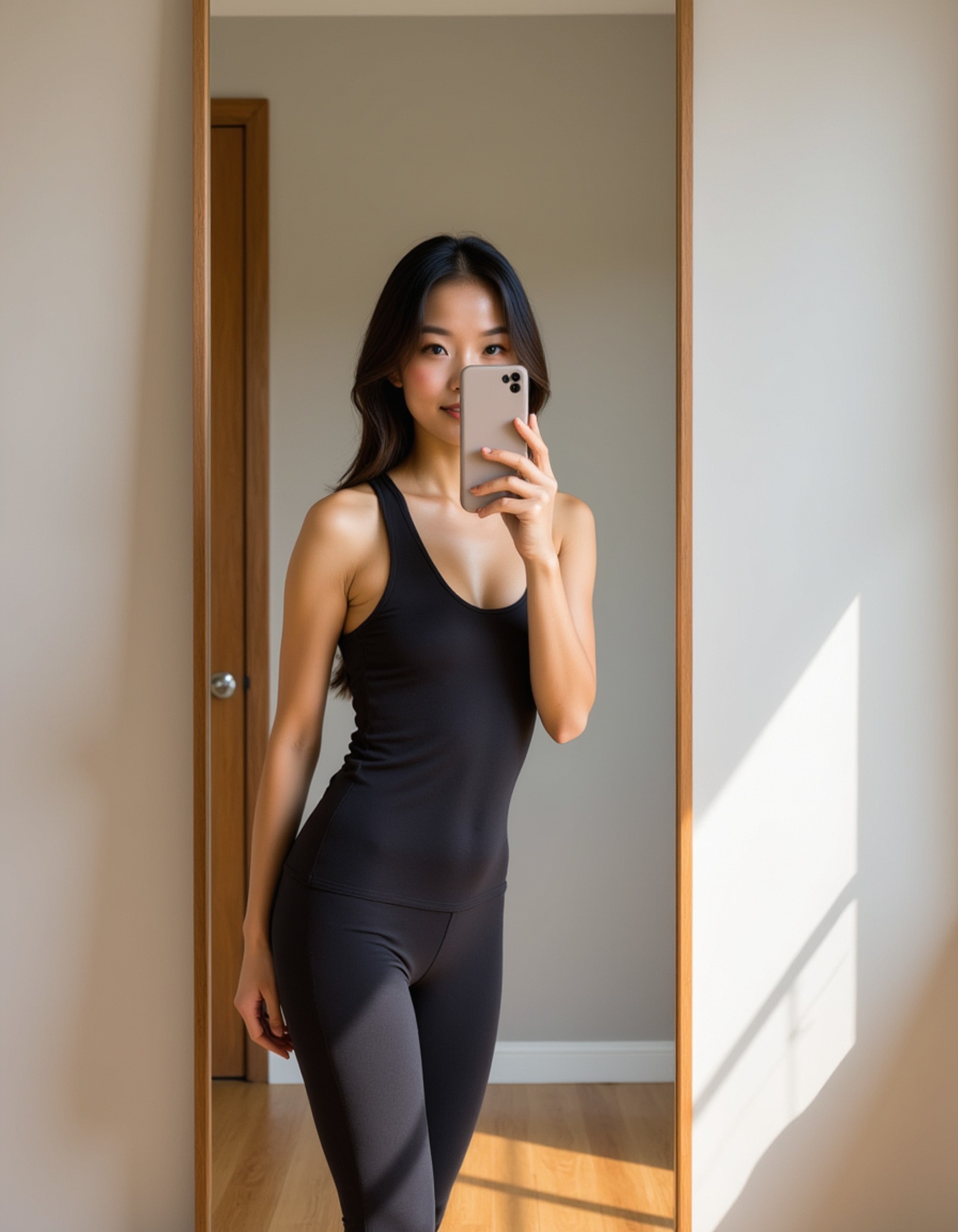model posing with a high-tech phone for a selfie in a minimalist yoga studio mirror, bamboo floor and calming decor reflected