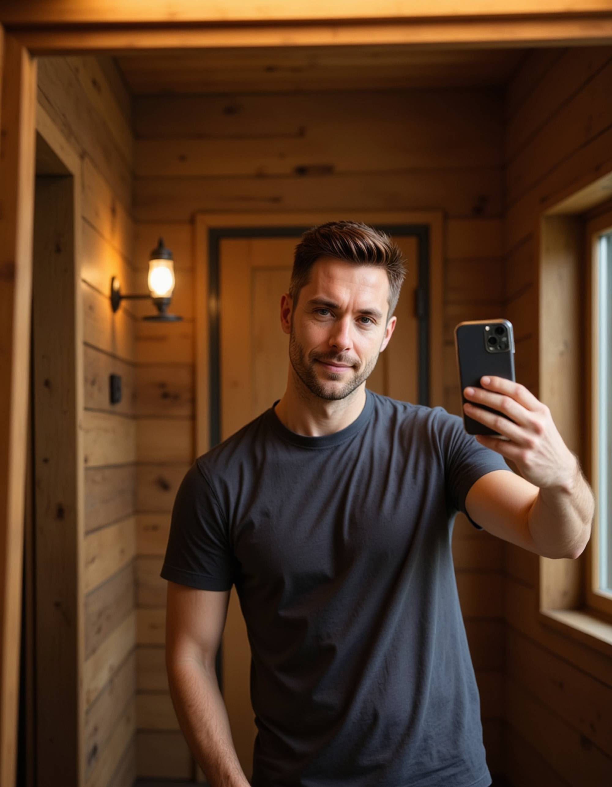 model taking a selfie with a sleek smartphone in a rustic cabin bathroom mirror, wooden walls and lantern light reflected