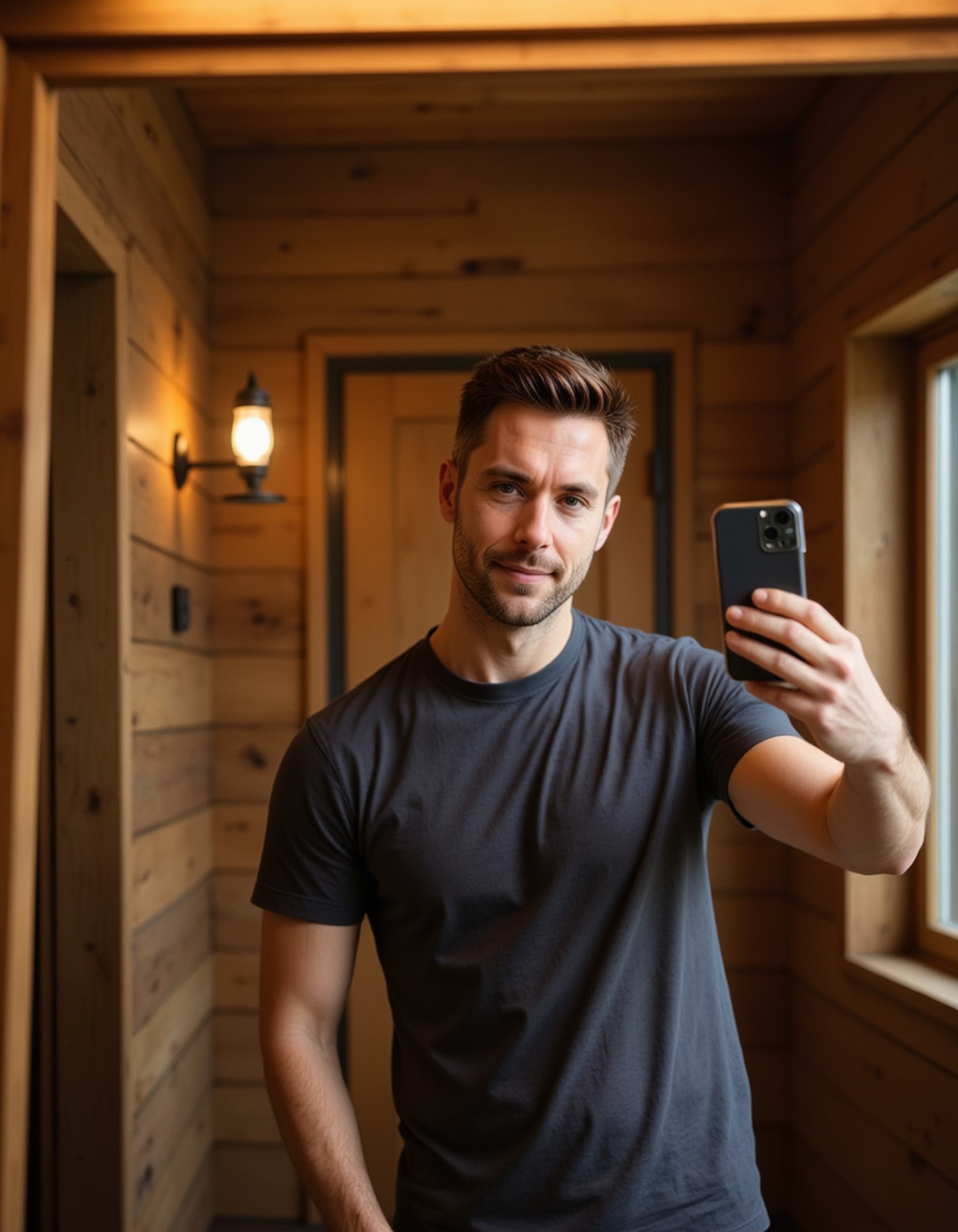 model taking a selfie with a sleek smartphone in a rustic cabin bathroom mirror, wooden walls and lantern light reflected