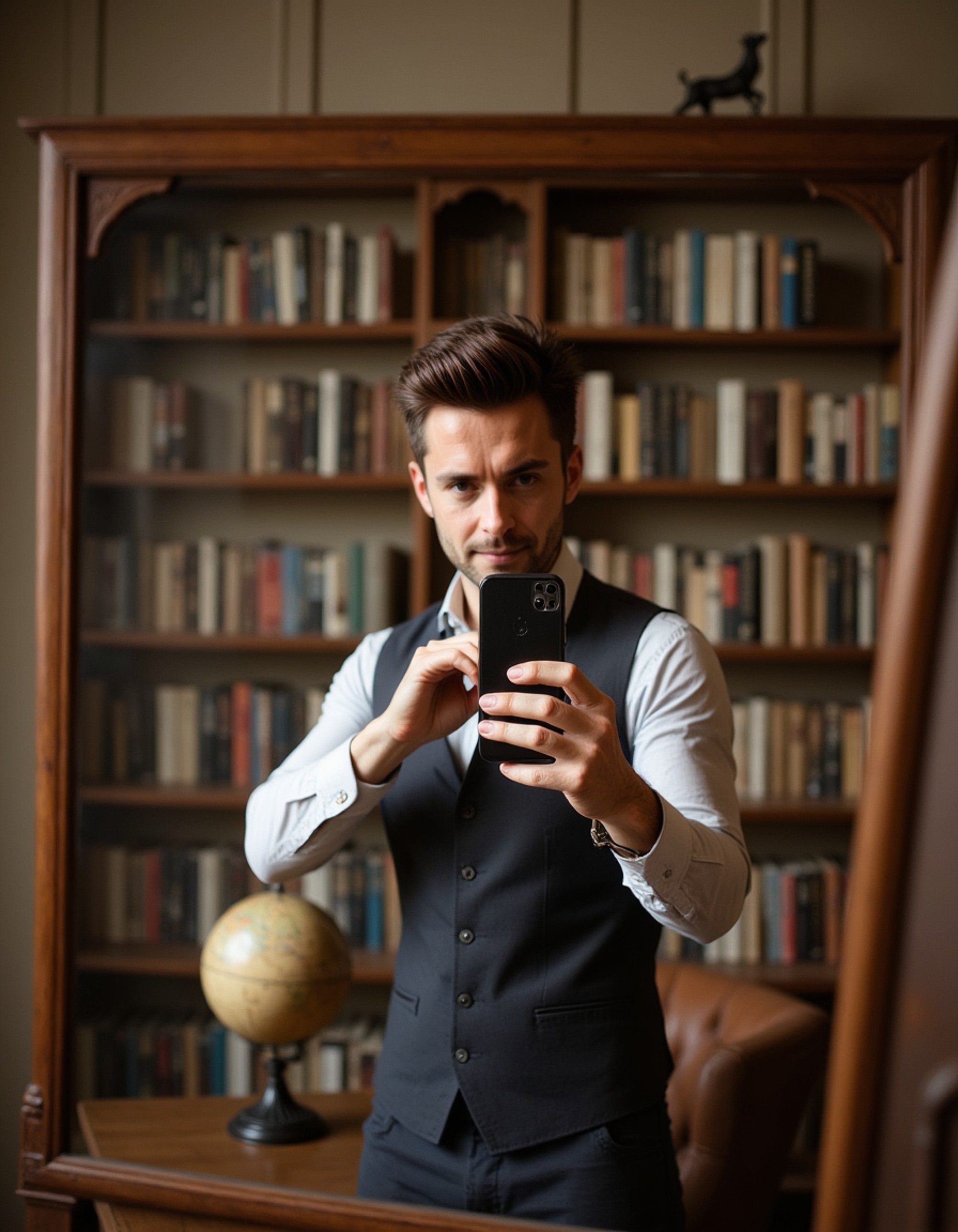 model holding a stylish phone for a selfie in a vintage library mirror, antique books and globe reflected