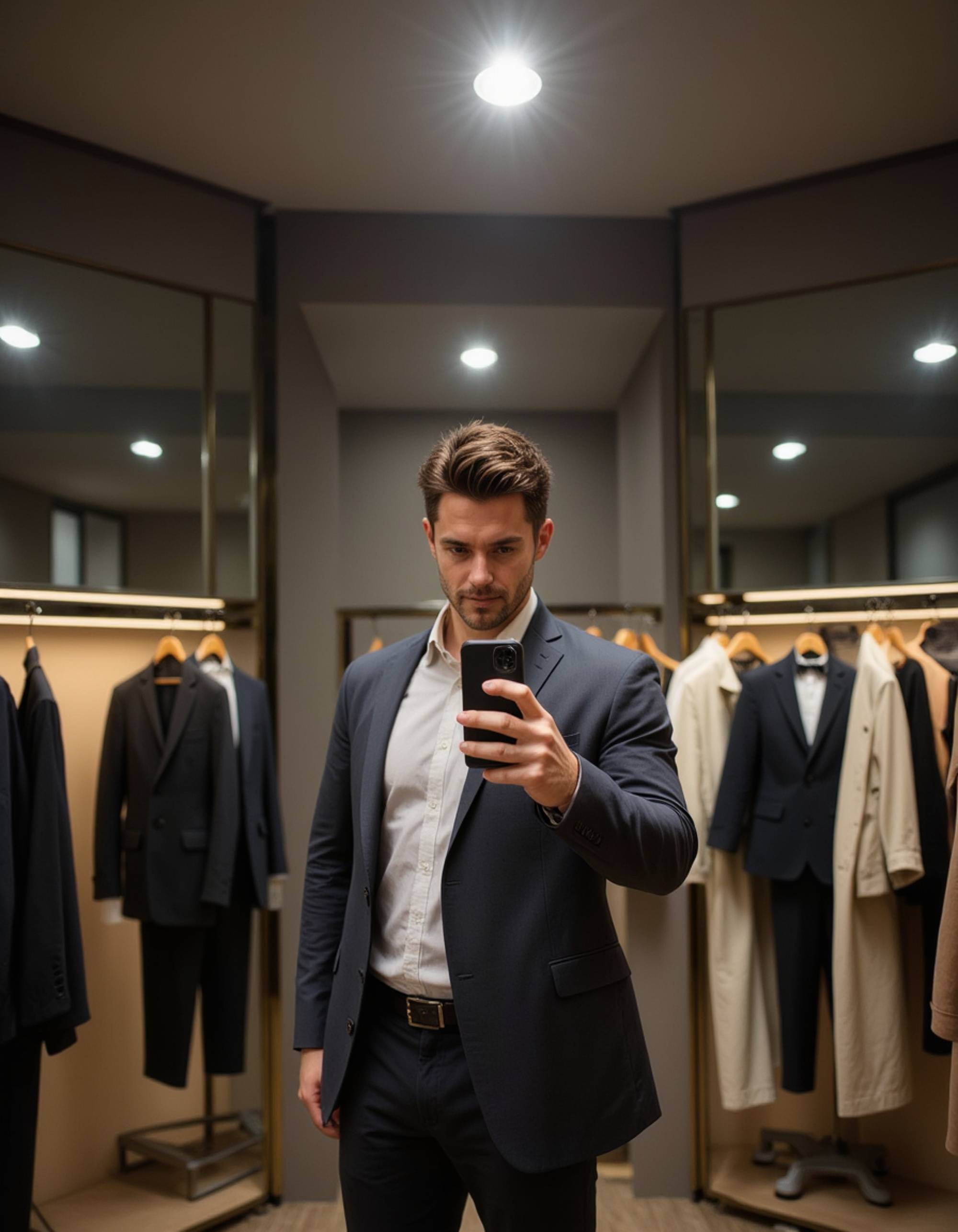 model posing with a high-tech phone for a selfie in a high-end boutique fitting room mirror, luxury garments and spotlights reflected