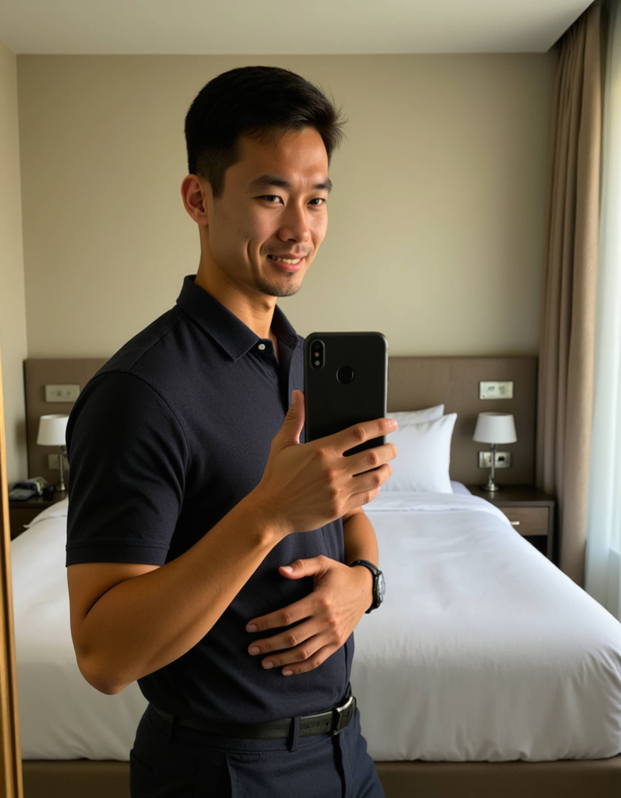 model taking a selfie with a sleek smartphone in a sleek hotel suite mirror, plush bedding and city view reflected