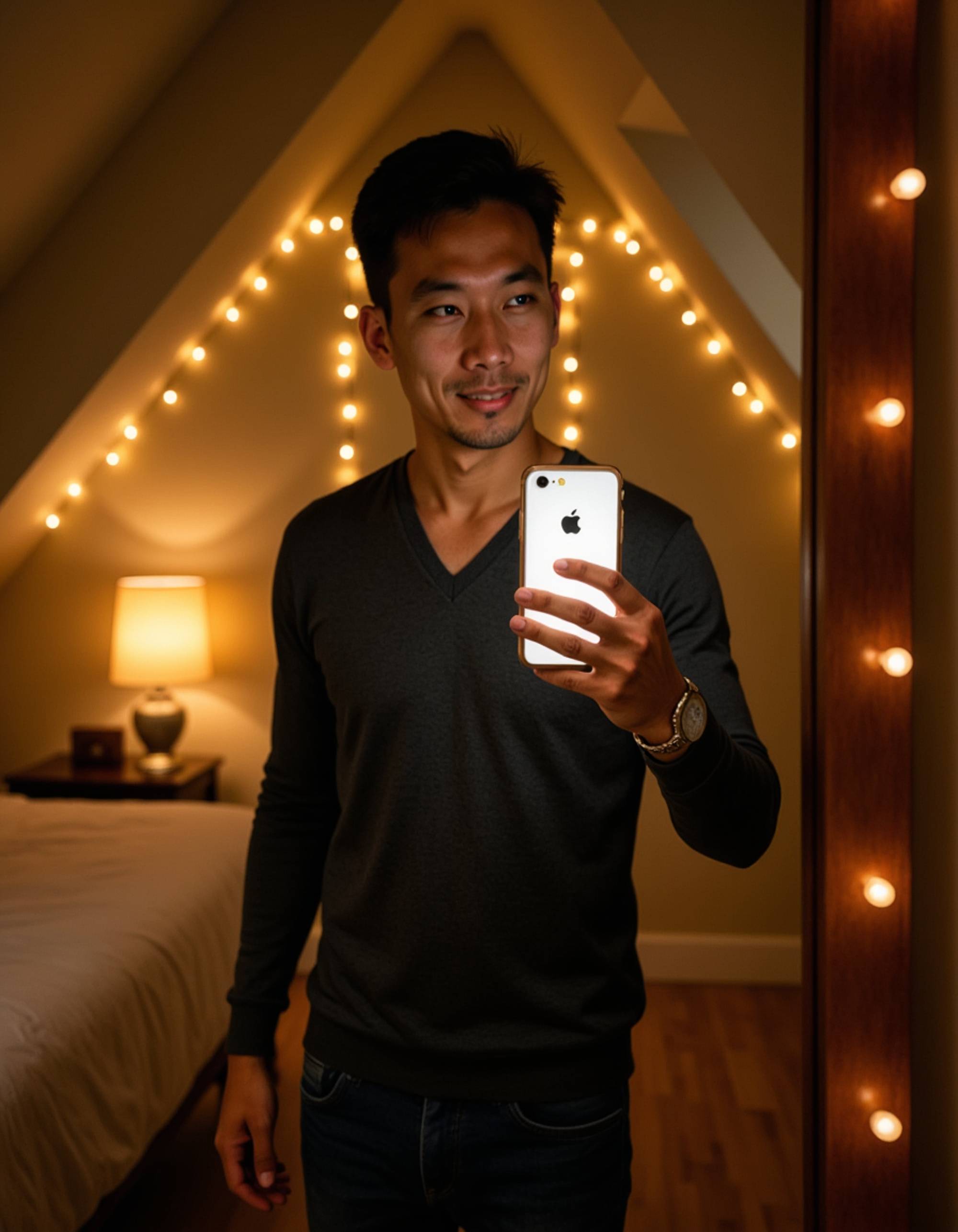 model snapping a selfie with a glowing phone in a cozy attic bedroom mirror, slanted ceilings and fairy lights reflected