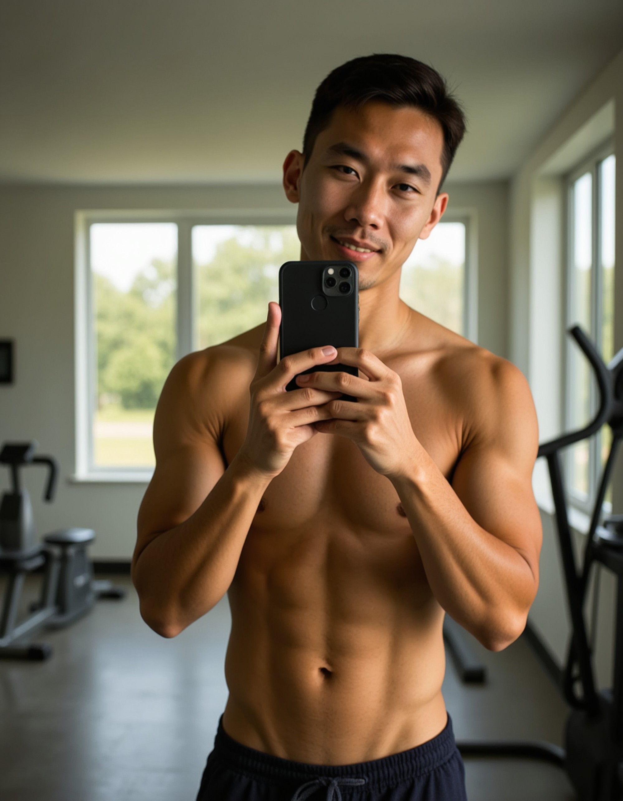 model holding a stylish phone for a selfie in a modern home gym mirror, exercise equipment and bright windows reflected