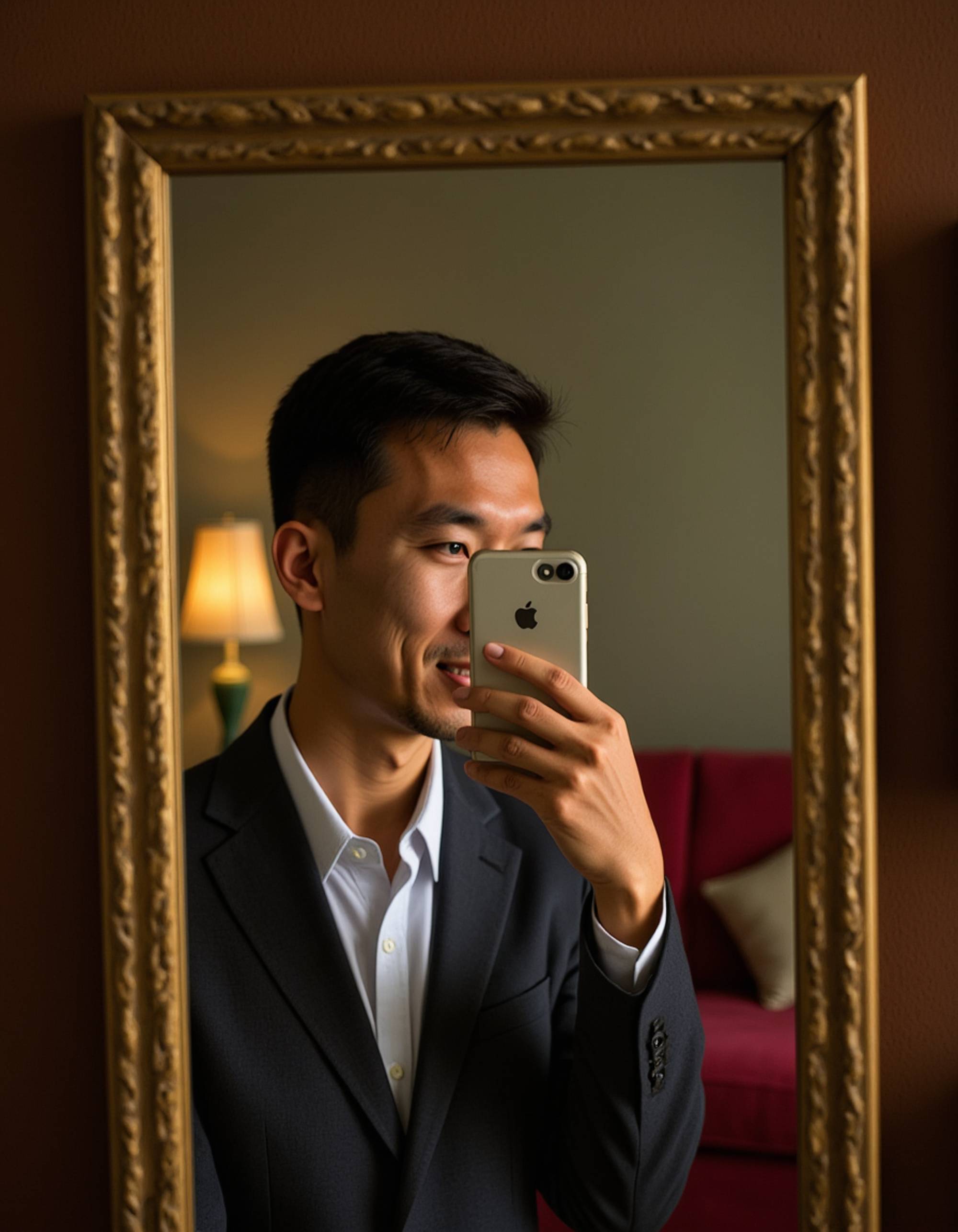 model capturing a selfie with a shiny smartphone in a vintage parlor mirror, velvet furniture and ornate frames reflected