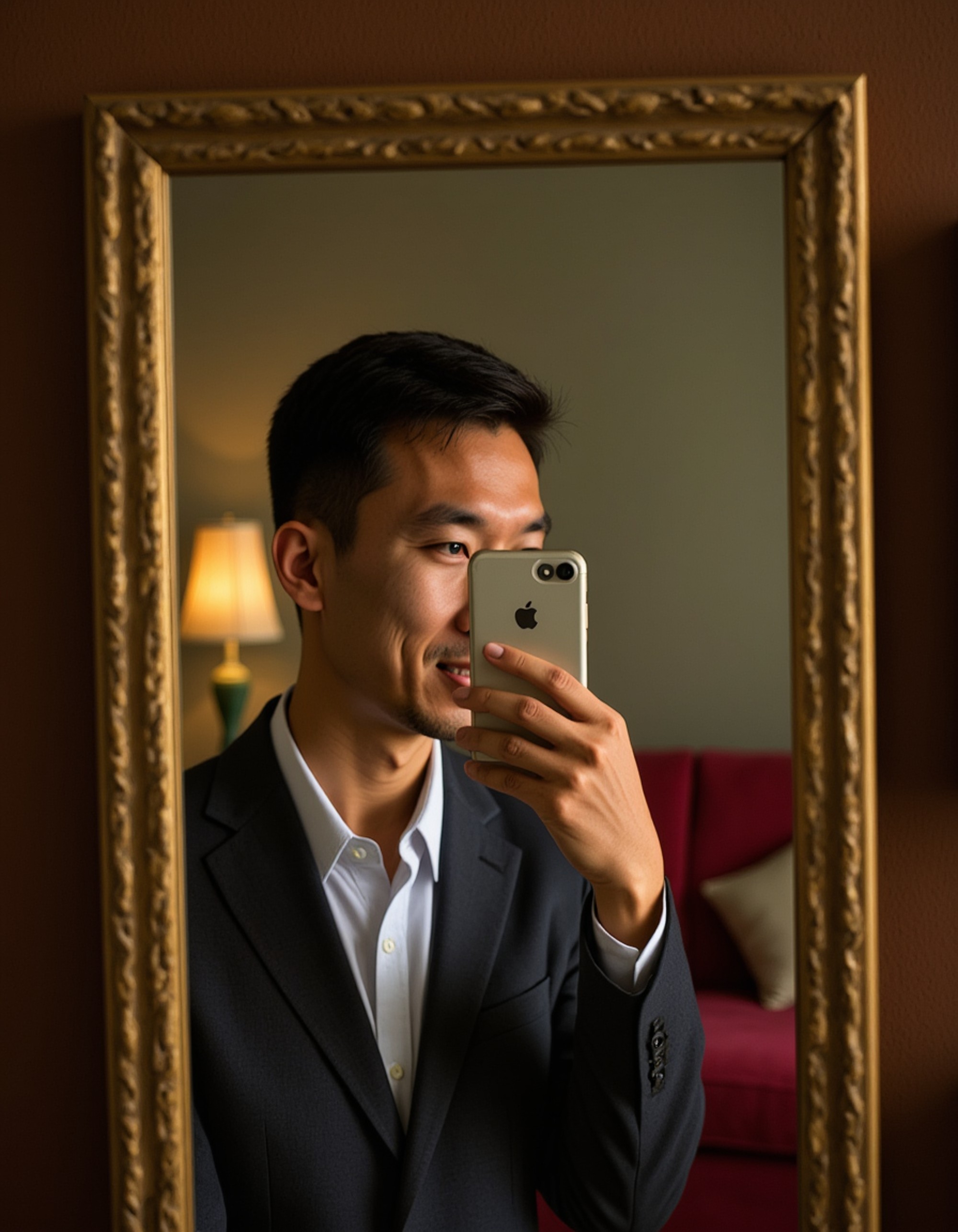 model capturing a selfie with a shiny smartphone in a vintage parlor mirror, velvet furniture and ornate frames reflected
