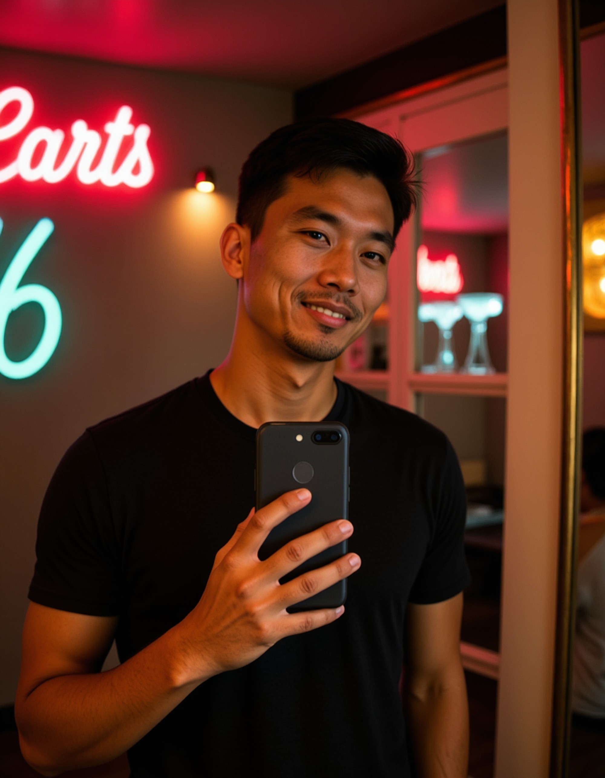 model posing with a high-tech phone for a selfie in a chic home bar mirror, glassware and neon signs reflected