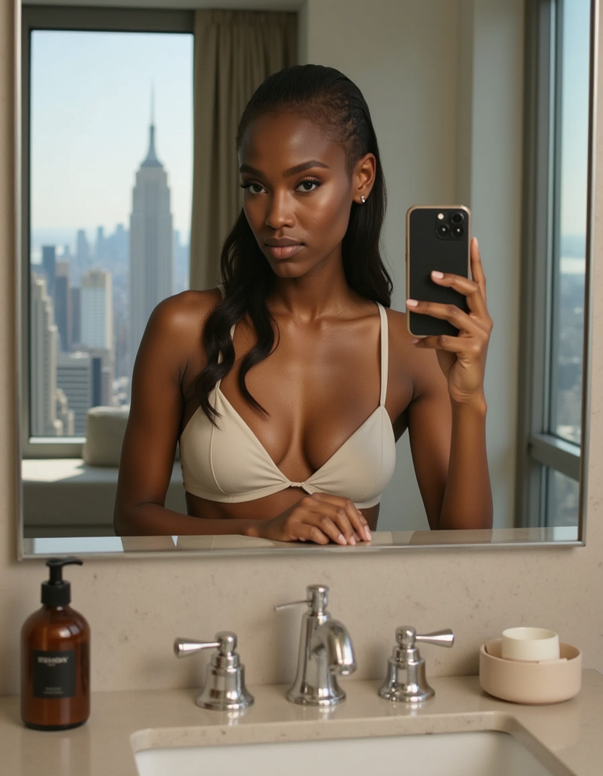 model taking a selfie with a sleek smartphone in a luxurious penthouse bathroom mirror, sleek marble and skyline view reflected