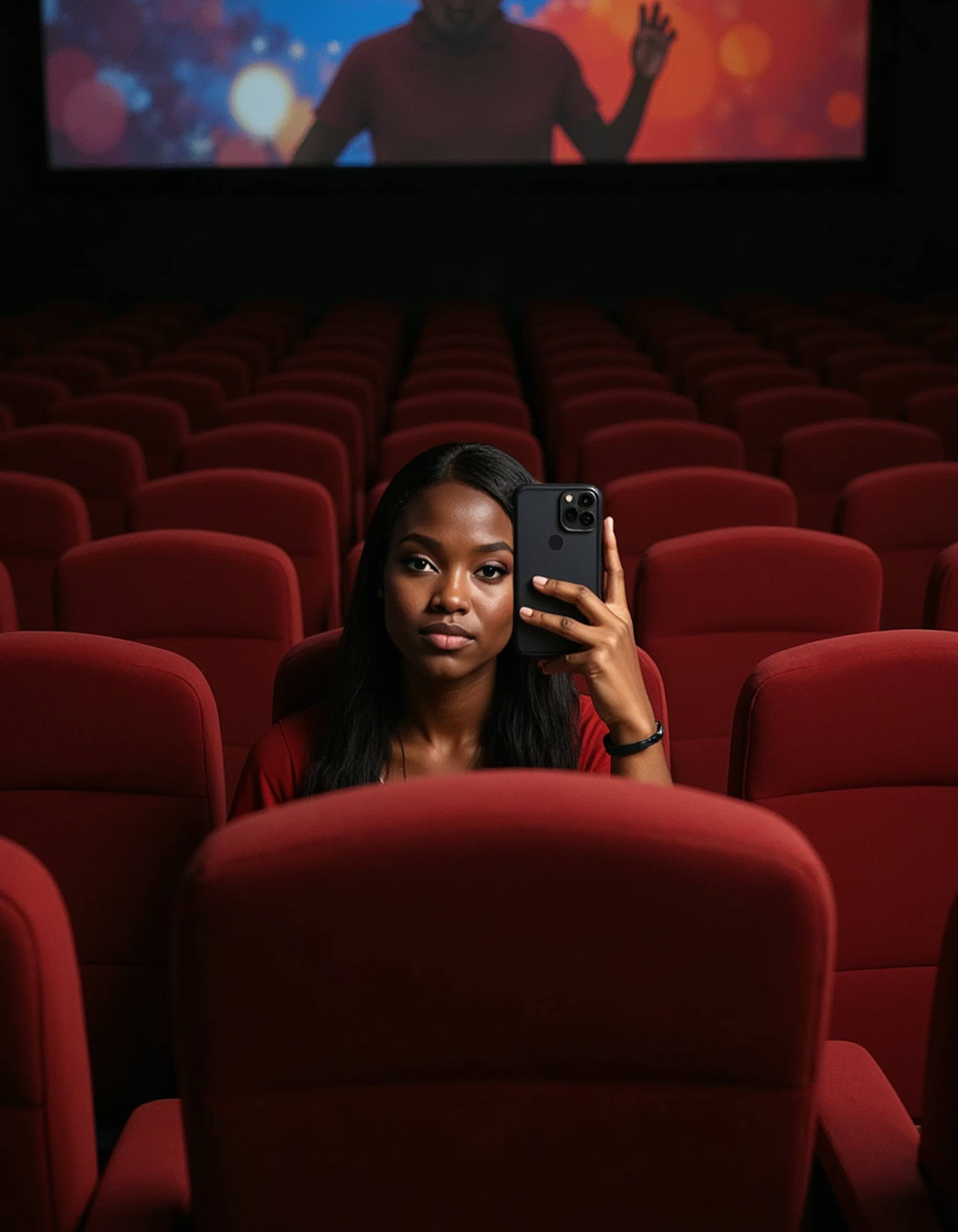model snapping a selfie with a glowing phone in a cozy home theater mirror, plush seats and movie posters reflected