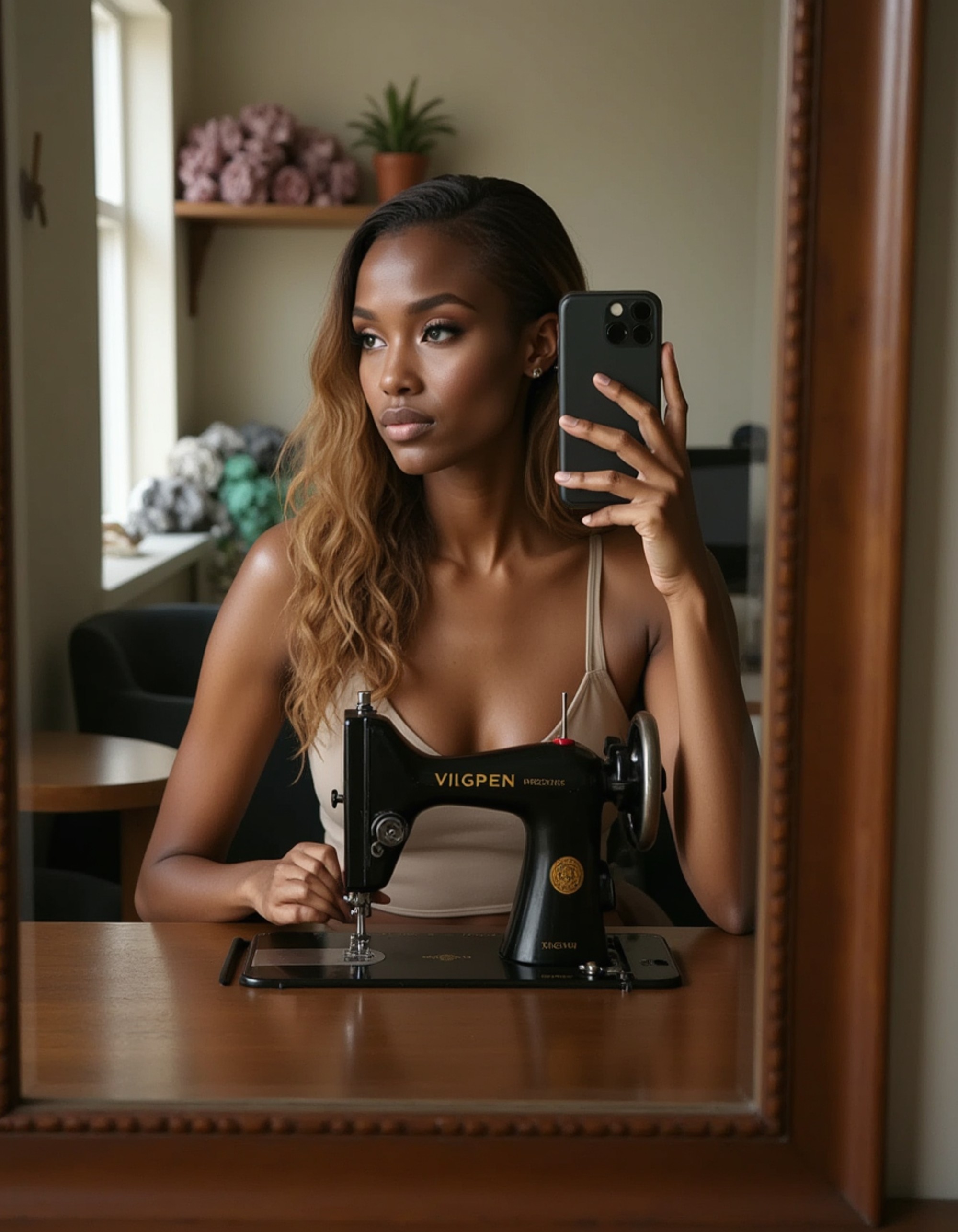model holding a stylish phone for a selfie in a vintage sewing room mirror, fabric rolls and antique sewing machine reflected