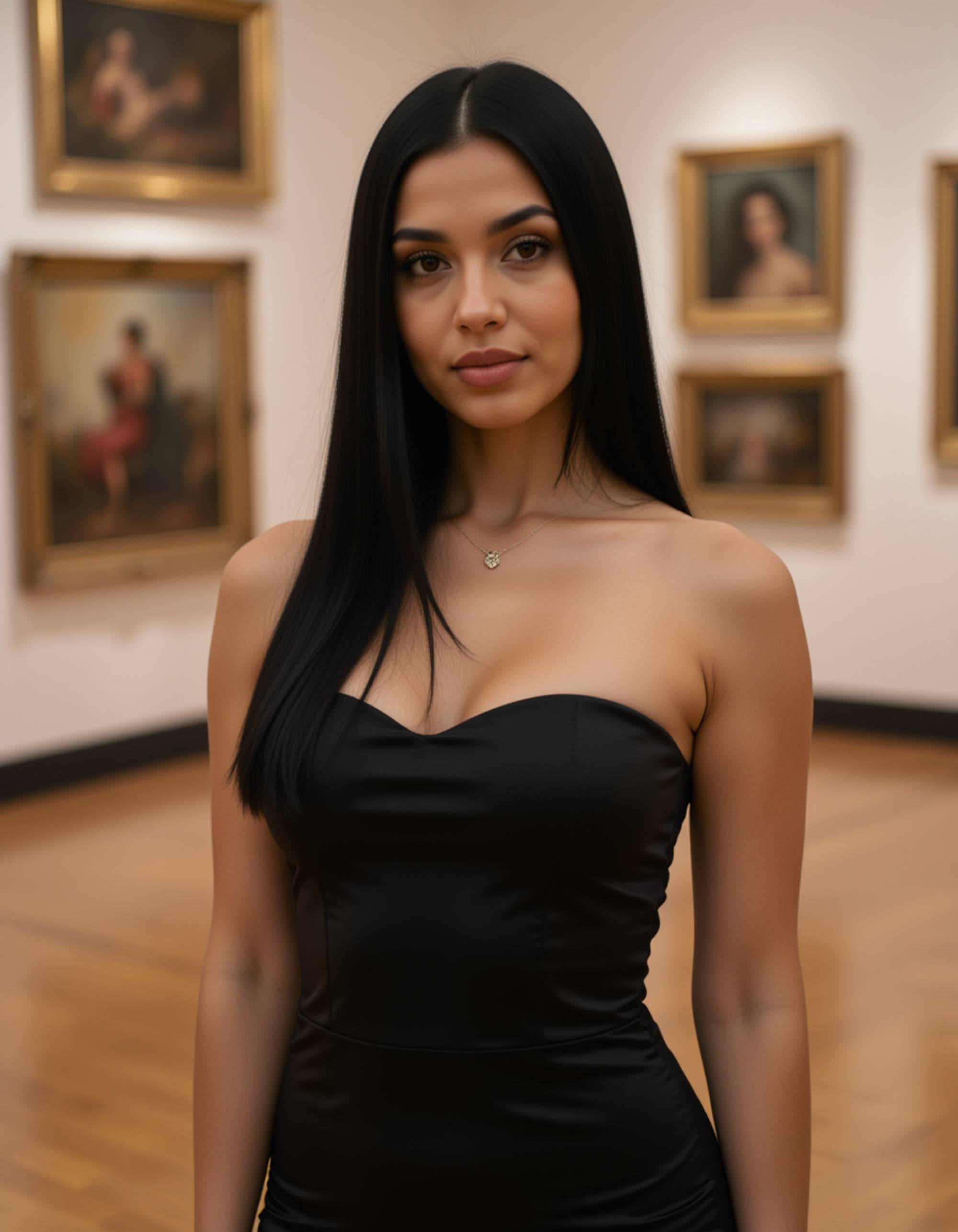 model wearing a sleek black satin dress in a modern art gallery, Instagram photo, Instagram, hourglass figure