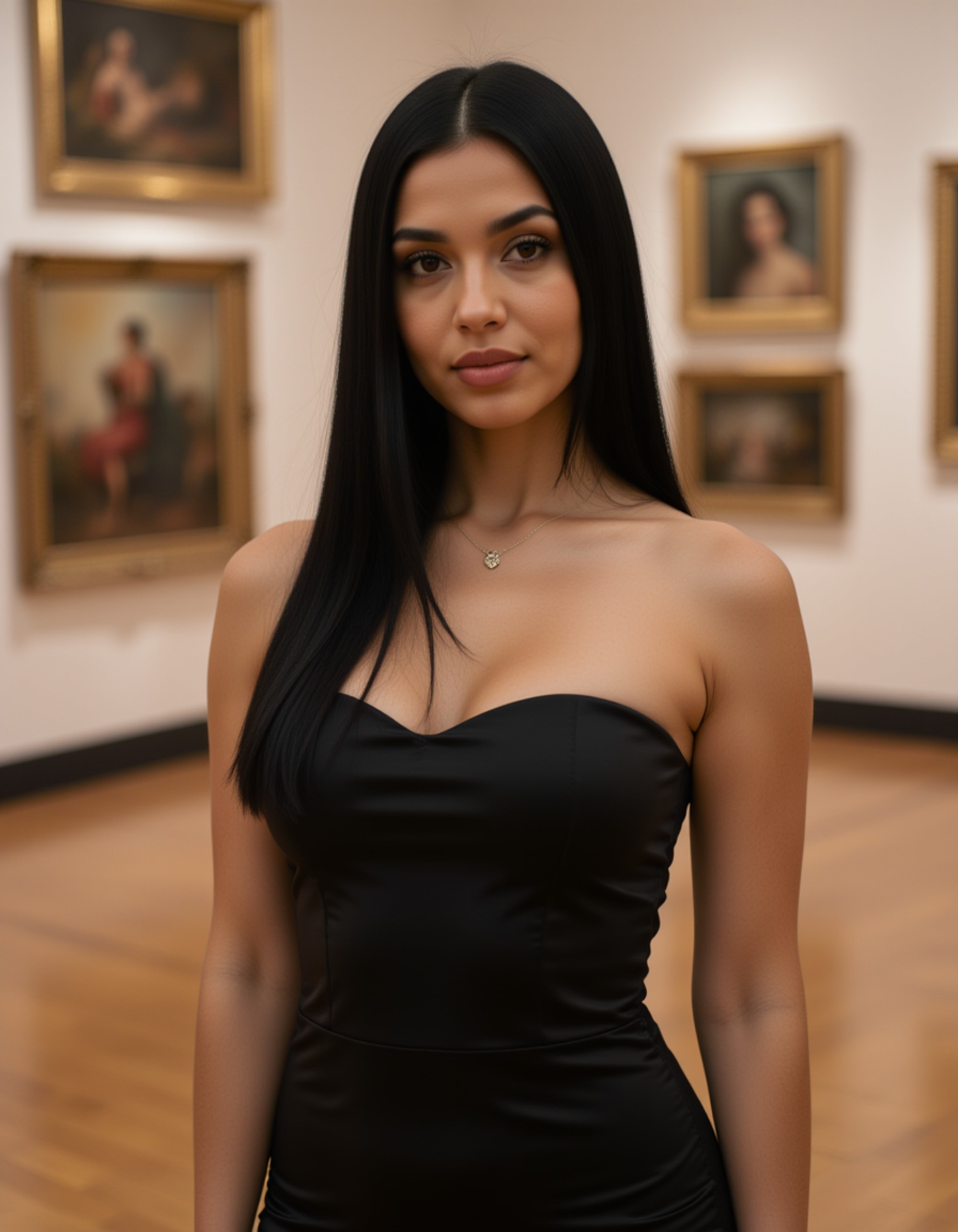 model wearing a sleek black satin dress in a modern art gallery, Instagram photo, Instagram, hourglass figure