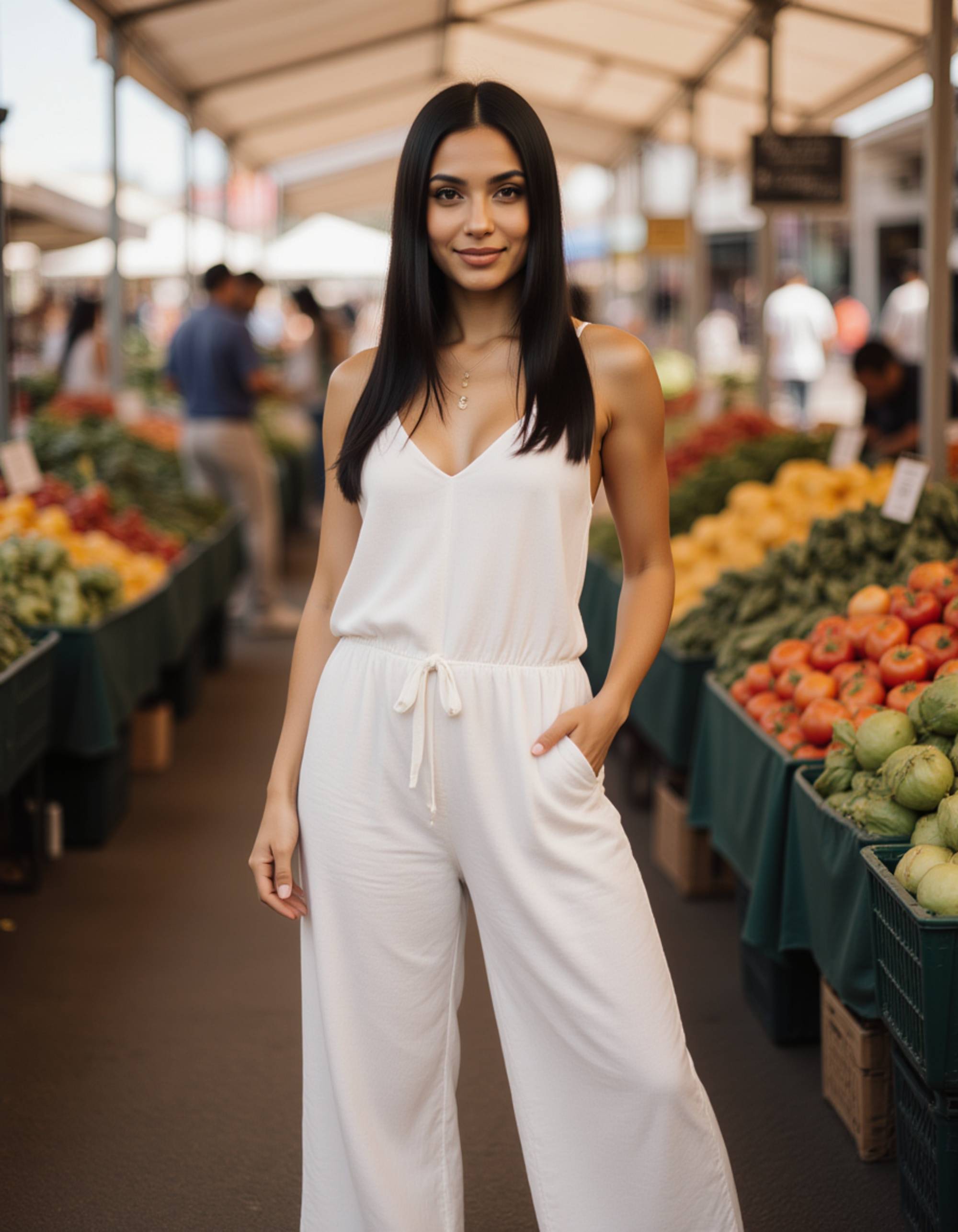 model wearing a flowy linen jumpsuit in a bustling outdoor market, Instagram photo, Instagram, athletic build