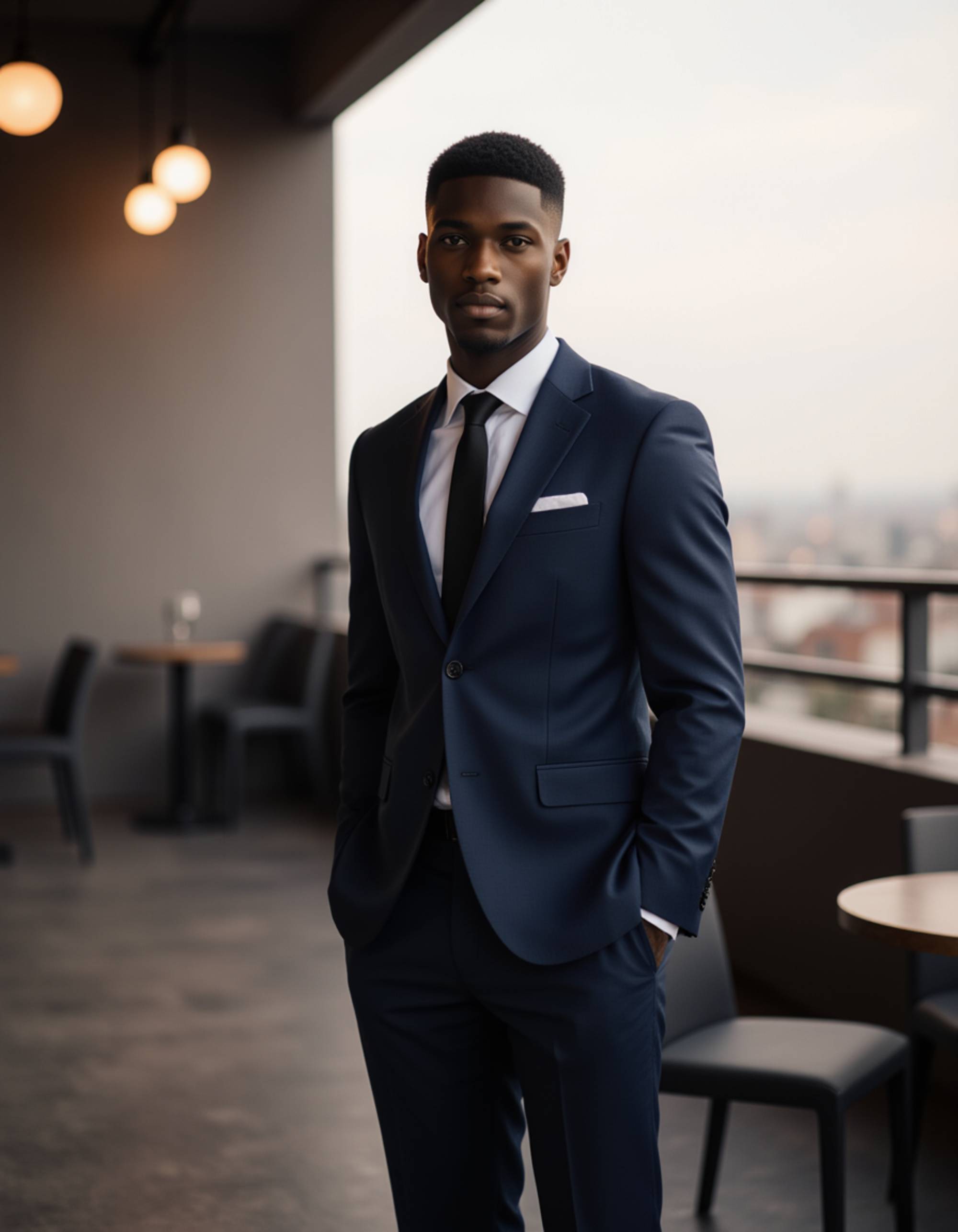 model wearing a tailored navy suit in a sleek rooftop bar, Instagram photo, Instagram, athletic build