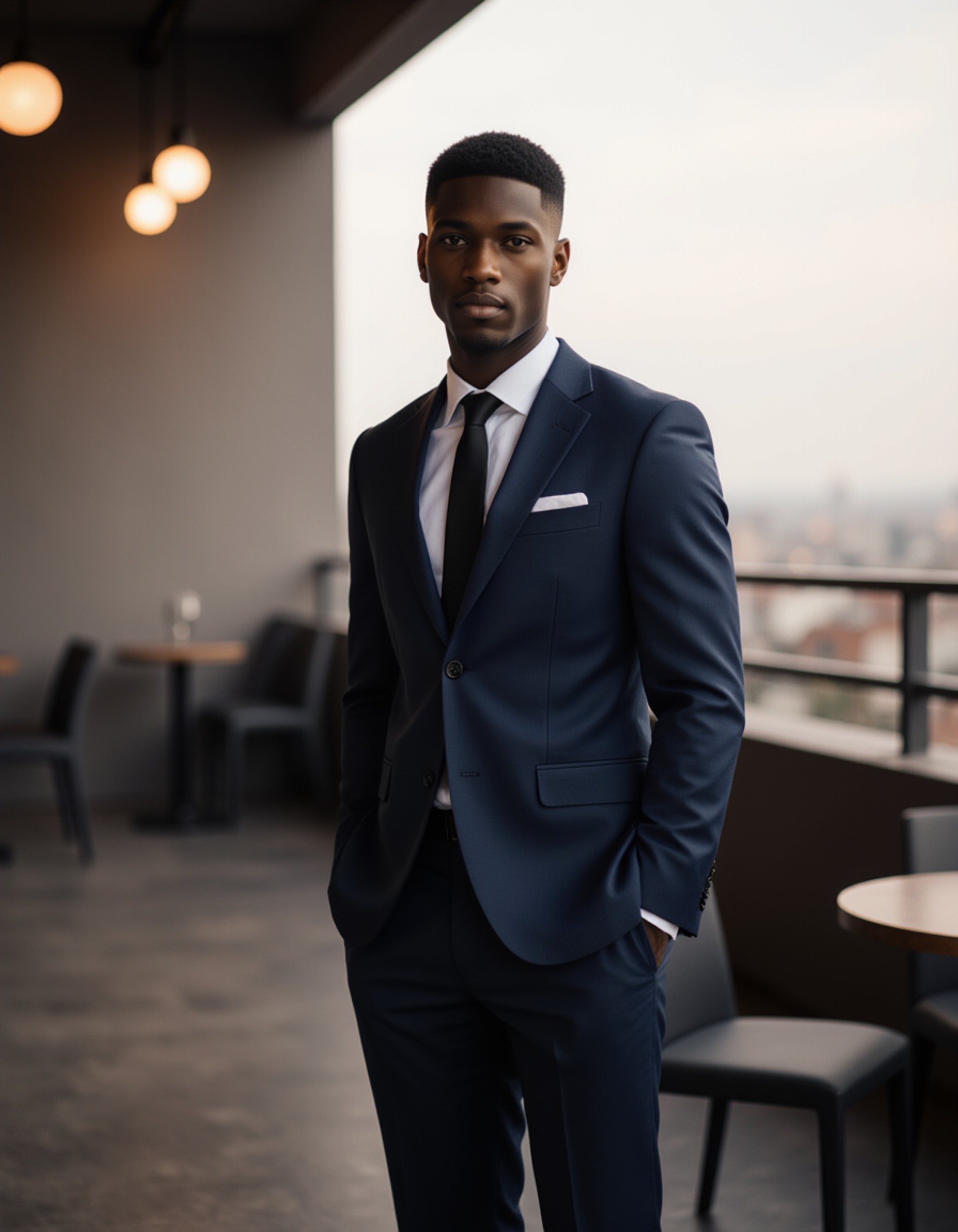 model wearing a tailored navy suit in a sleek rooftop bar, Instagram photo, Instagram, athletic build