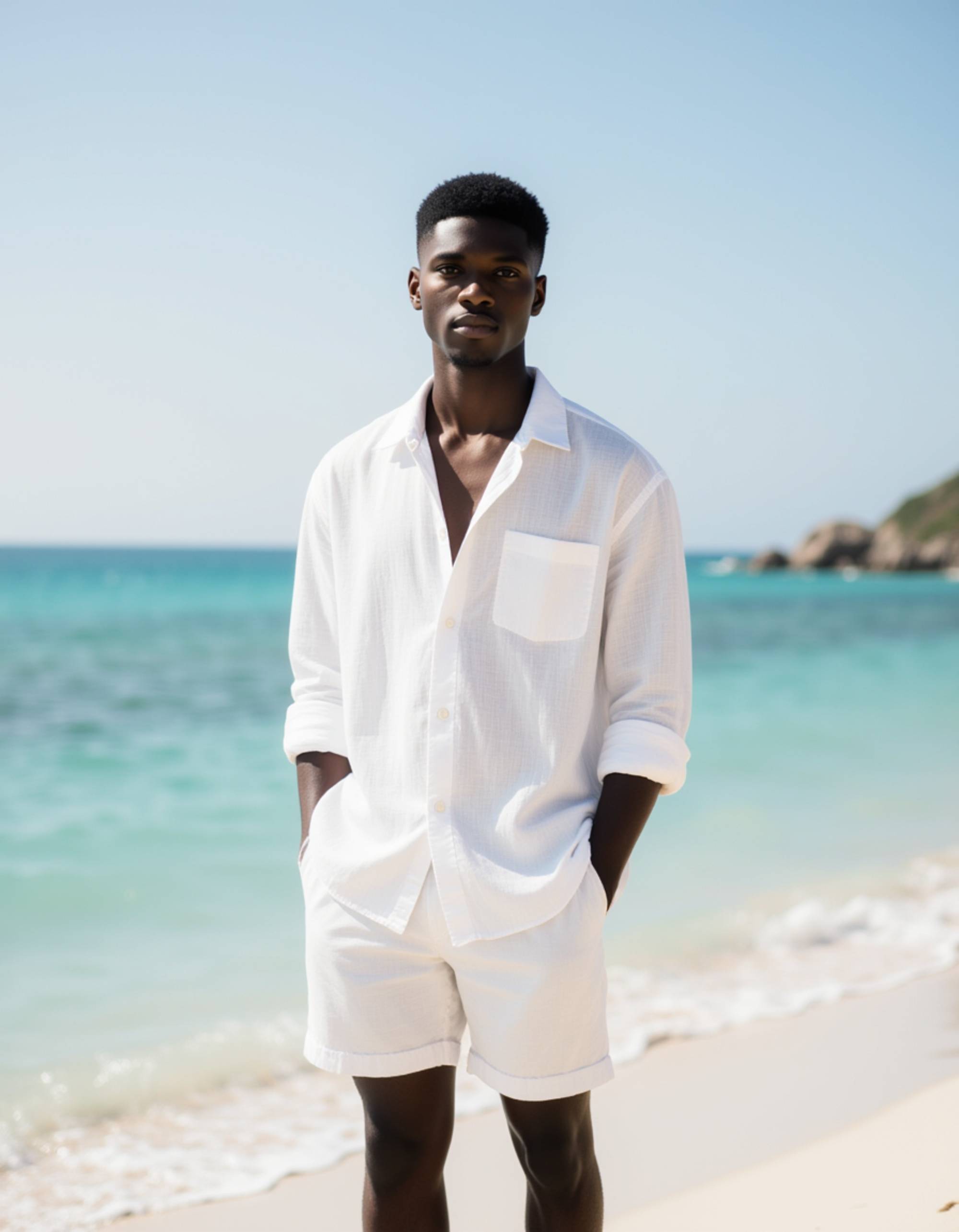 model in a casual white linen shirt and shorts at a tropical beach resort, Instagram photo, Instagram, fit body