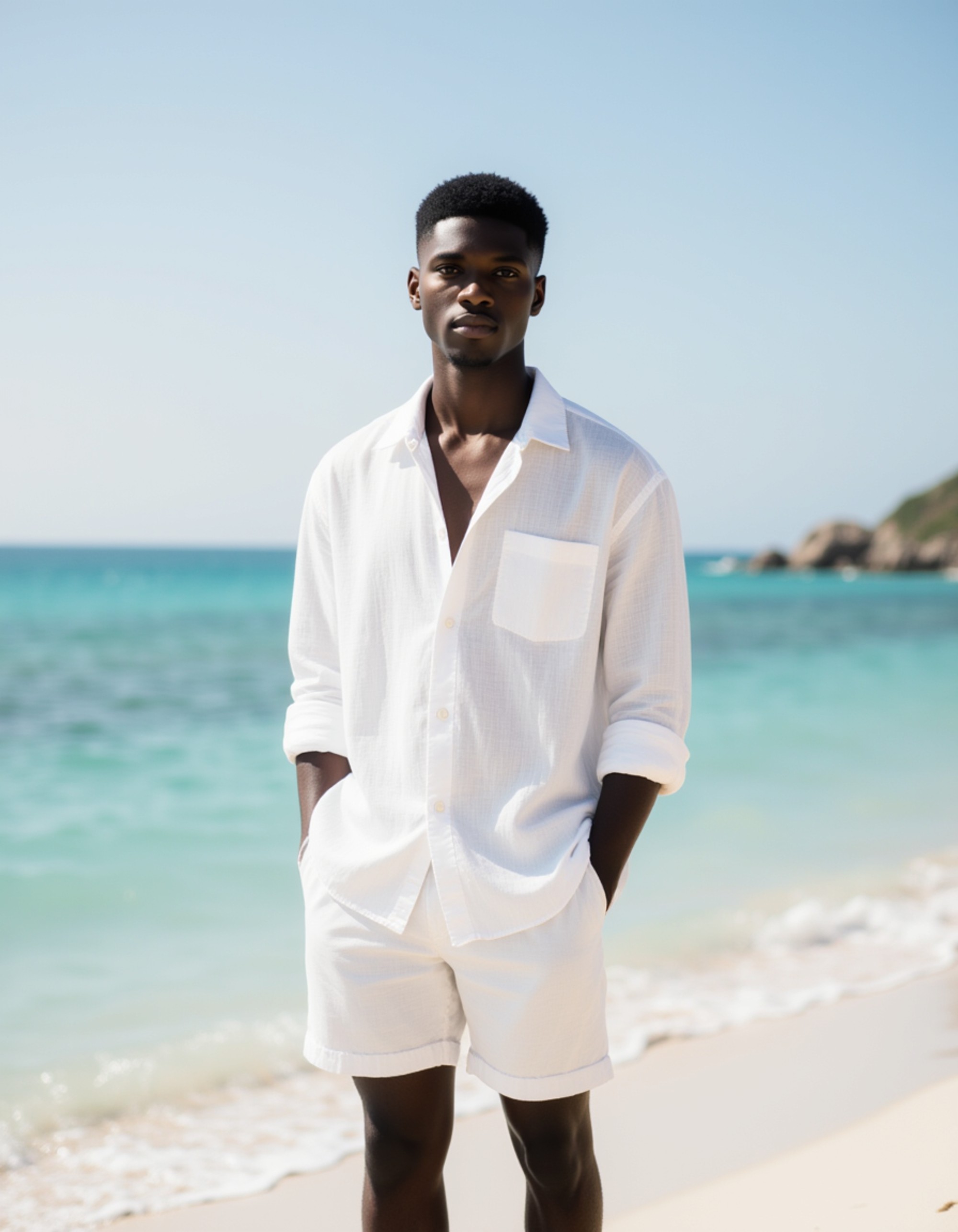 model in a casual white linen shirt and shorts at a tropical beach resort, Instagram photo, Instagram, fit body