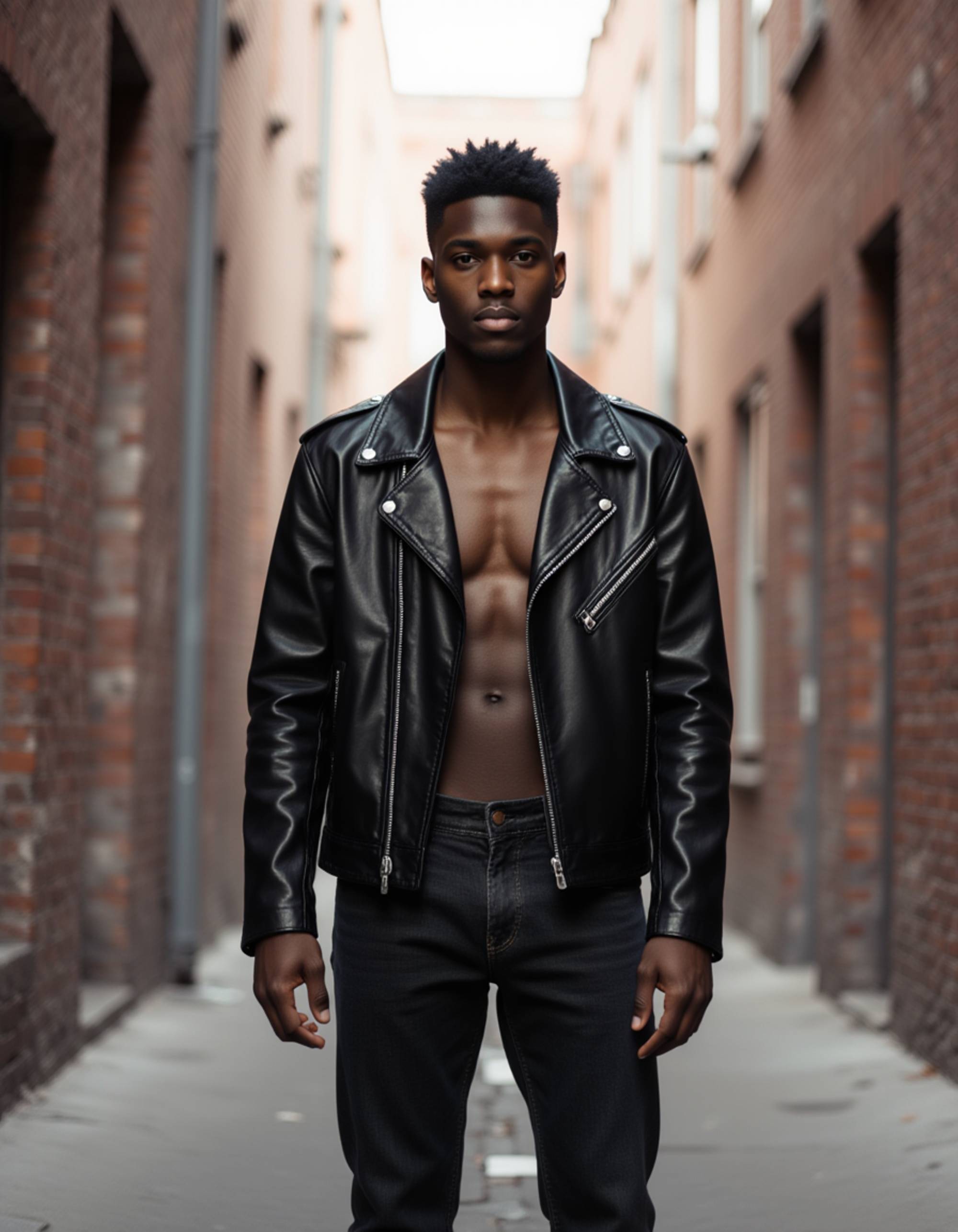 model wearing a black leather jacket and jeans in a vibrant urban street, Instagram photo, Instagram, toned physique