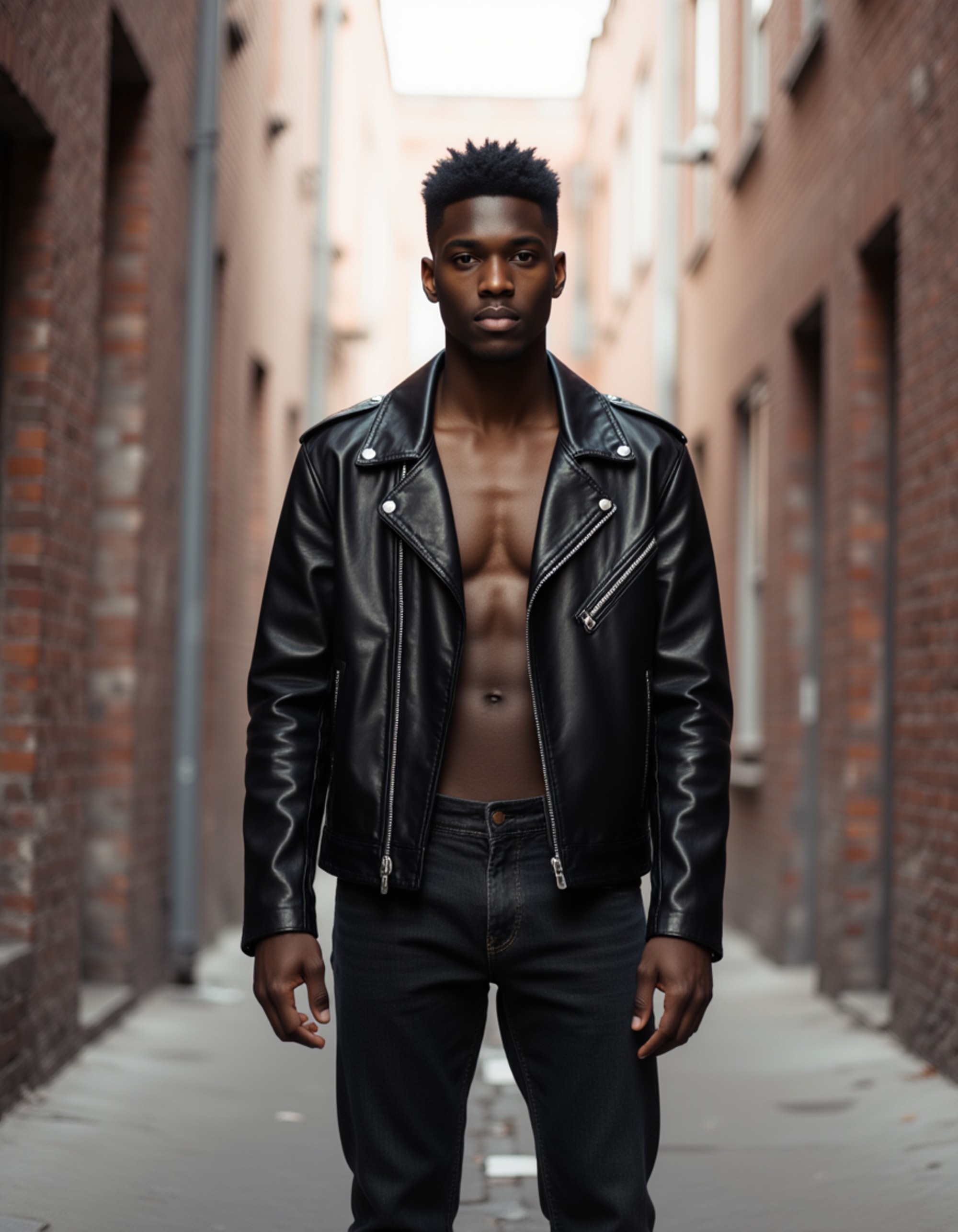 model wearing a black leather jacket and jeans in a vibrant urban street, Instagram photo, Instagram, toned physique