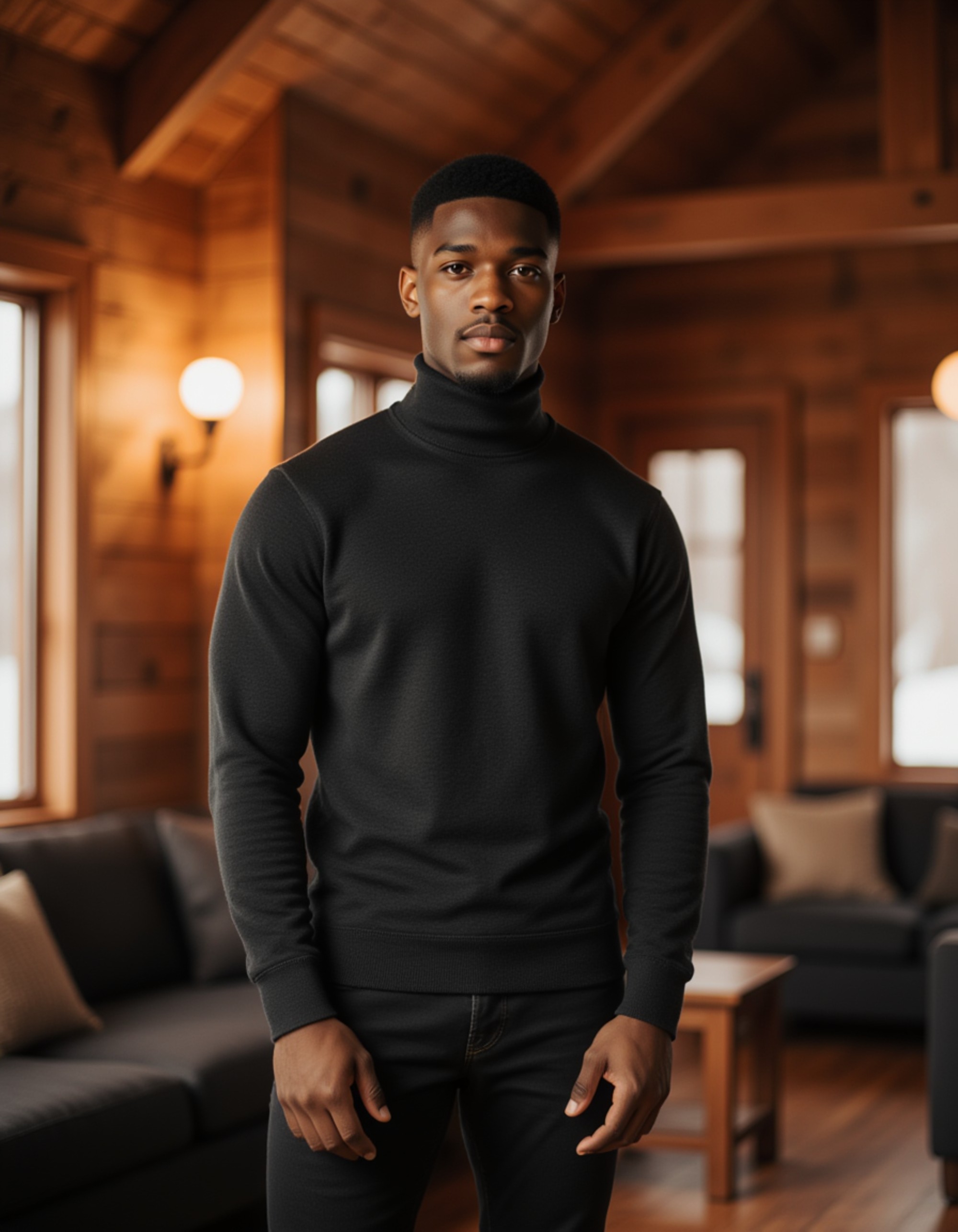model in a fitted charcoal turtleneck at a cozy mountain lodge, Instagram photo, Instagram, muscular build