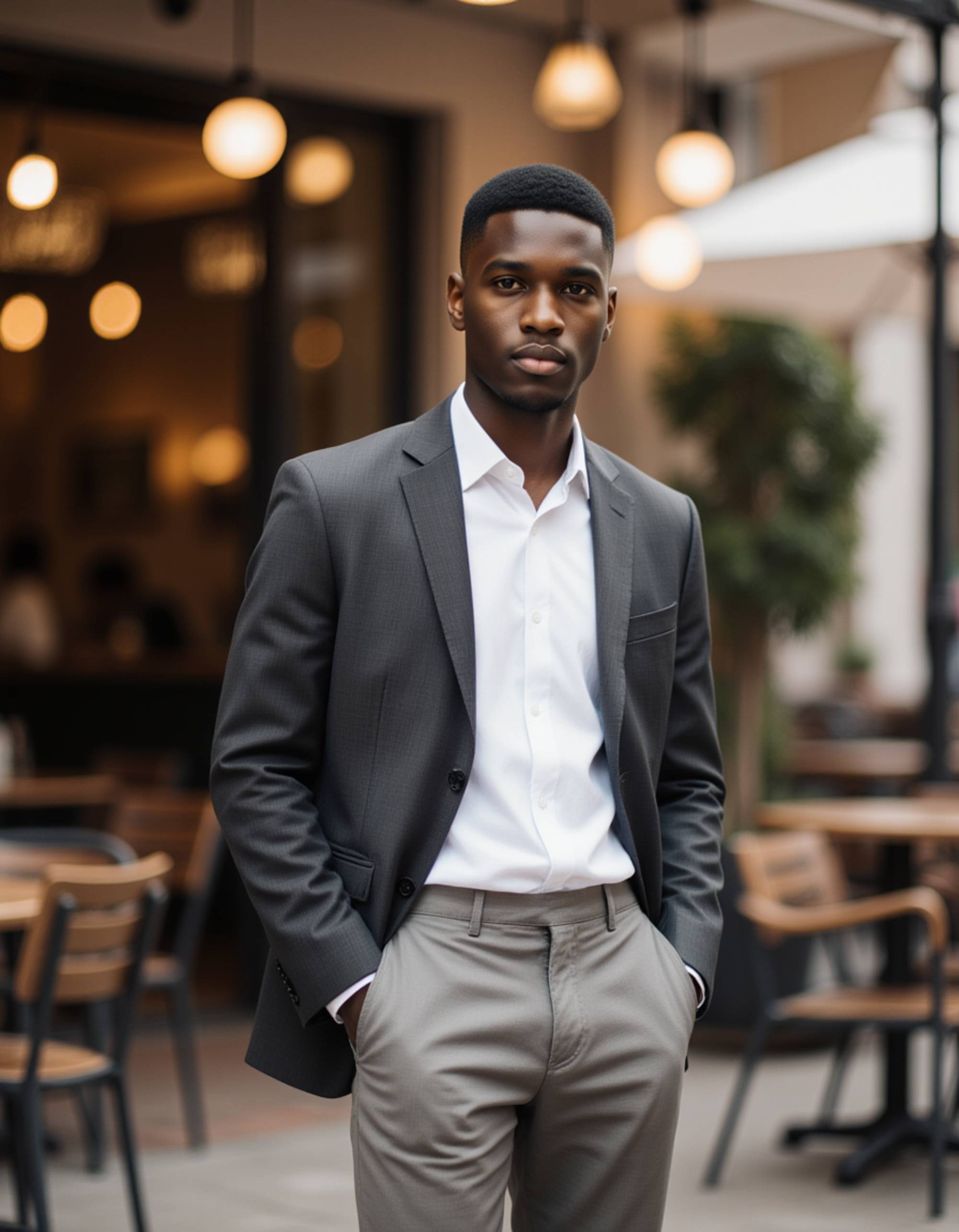 model wearing a sharp blazer and chinos at a trendy outdoor café, Instagram photo, Instagram, athletic build