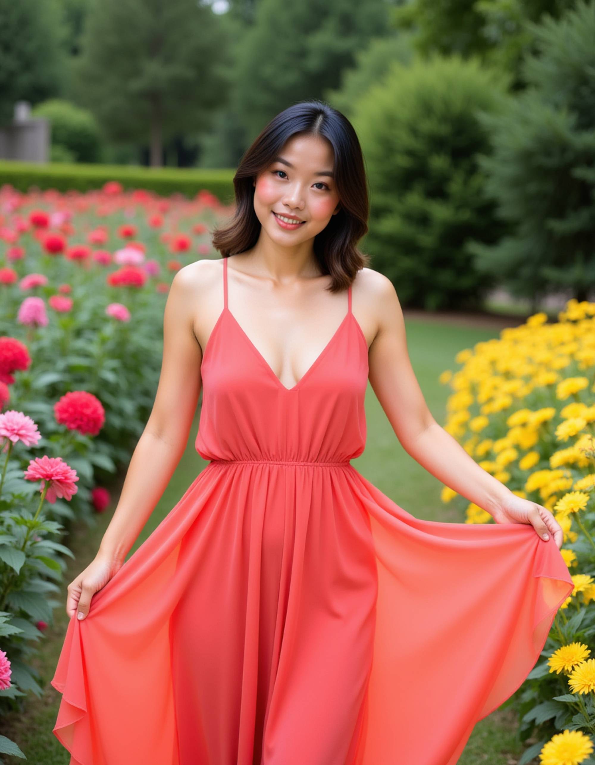 model wearing a flowing coral sundress in a vibrant flower garden, Instagram photo, Instagram, hourglass figure