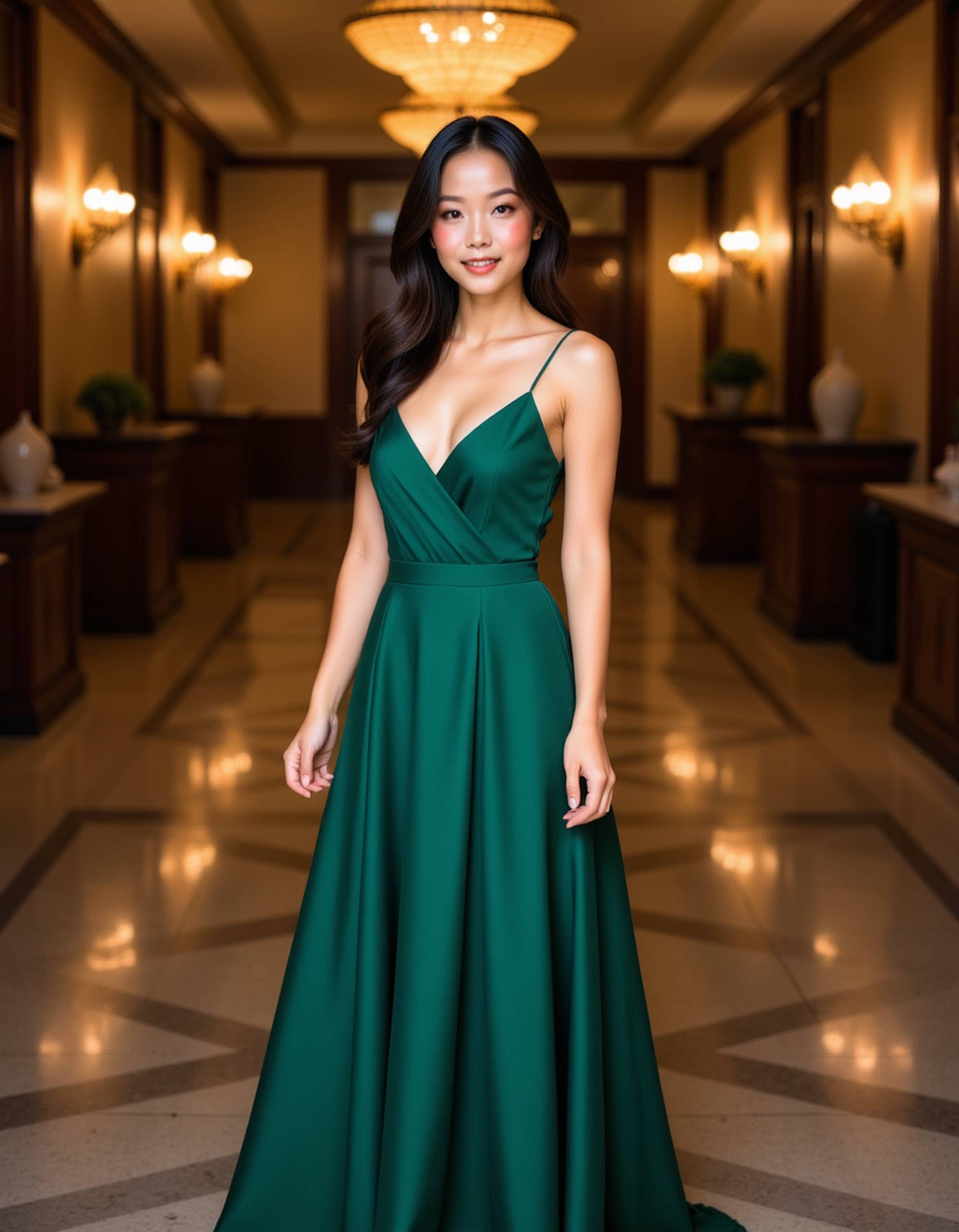 model in a sleek emerald evening gown at a luxurious hotel ballroom, Instagram photo, Instagram, fit body