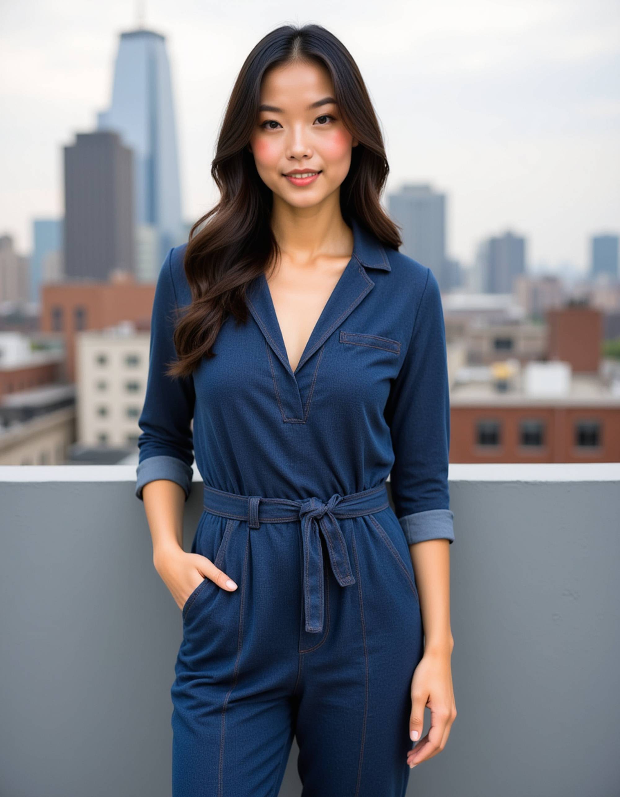 model wearing a tailored denim jumpsuit at a trendy urban rooftop, Instagram photo, Instagram, toned physique
